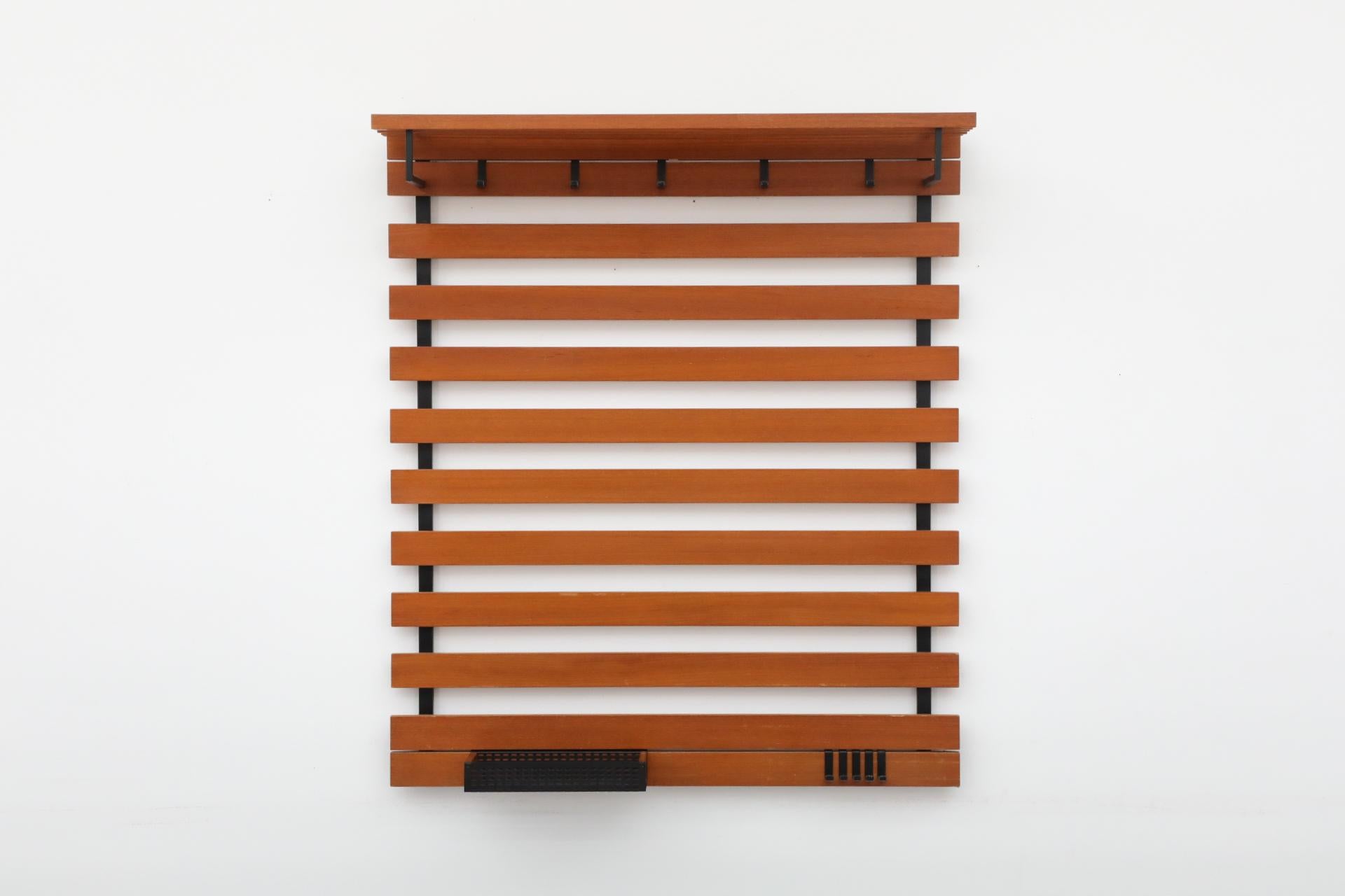 Metal Mid-Century Teak Slatted Wall Mount Coat Rack with Upper Shelf, Hooks & Key Tray For Sale