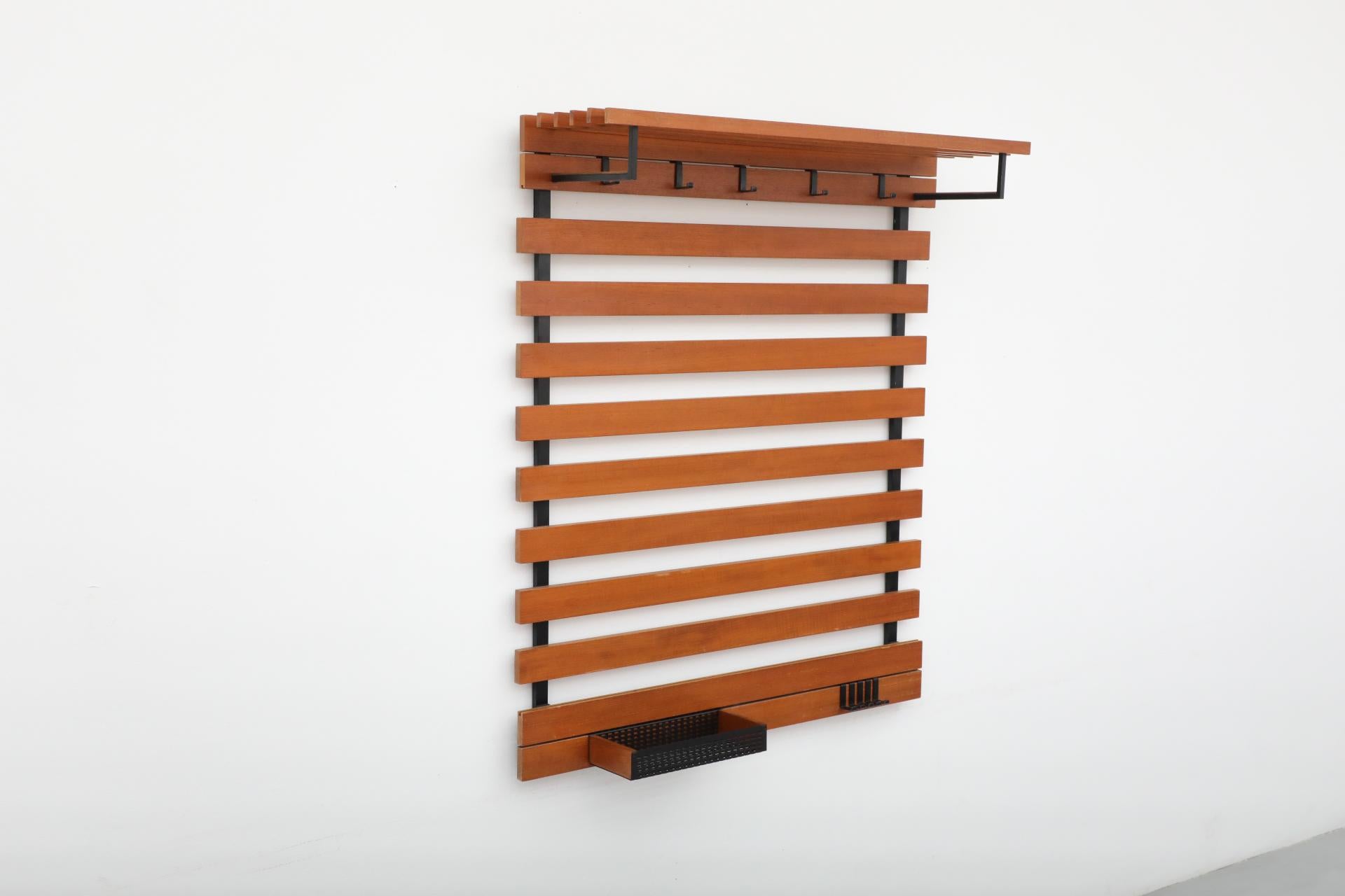 Mid-Century Teak Slatted Wall Mount Coat Rack with Upper Shelf, Hooks & Key Tray For Sale 1