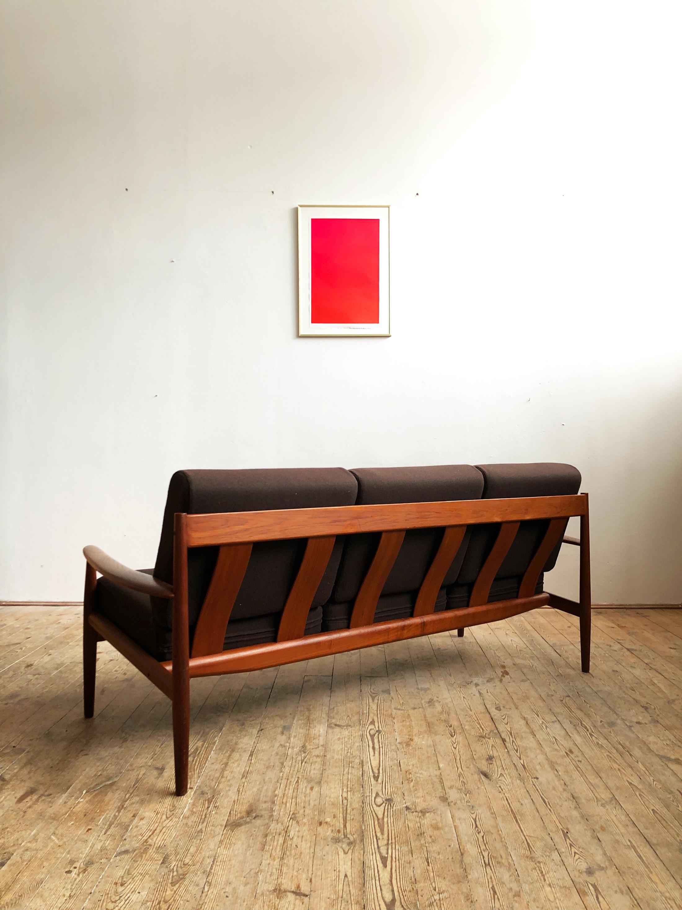 Danish Midcentury Teak Sofa with Brown Upholstery by Grete Jalk For France & Son For Sale