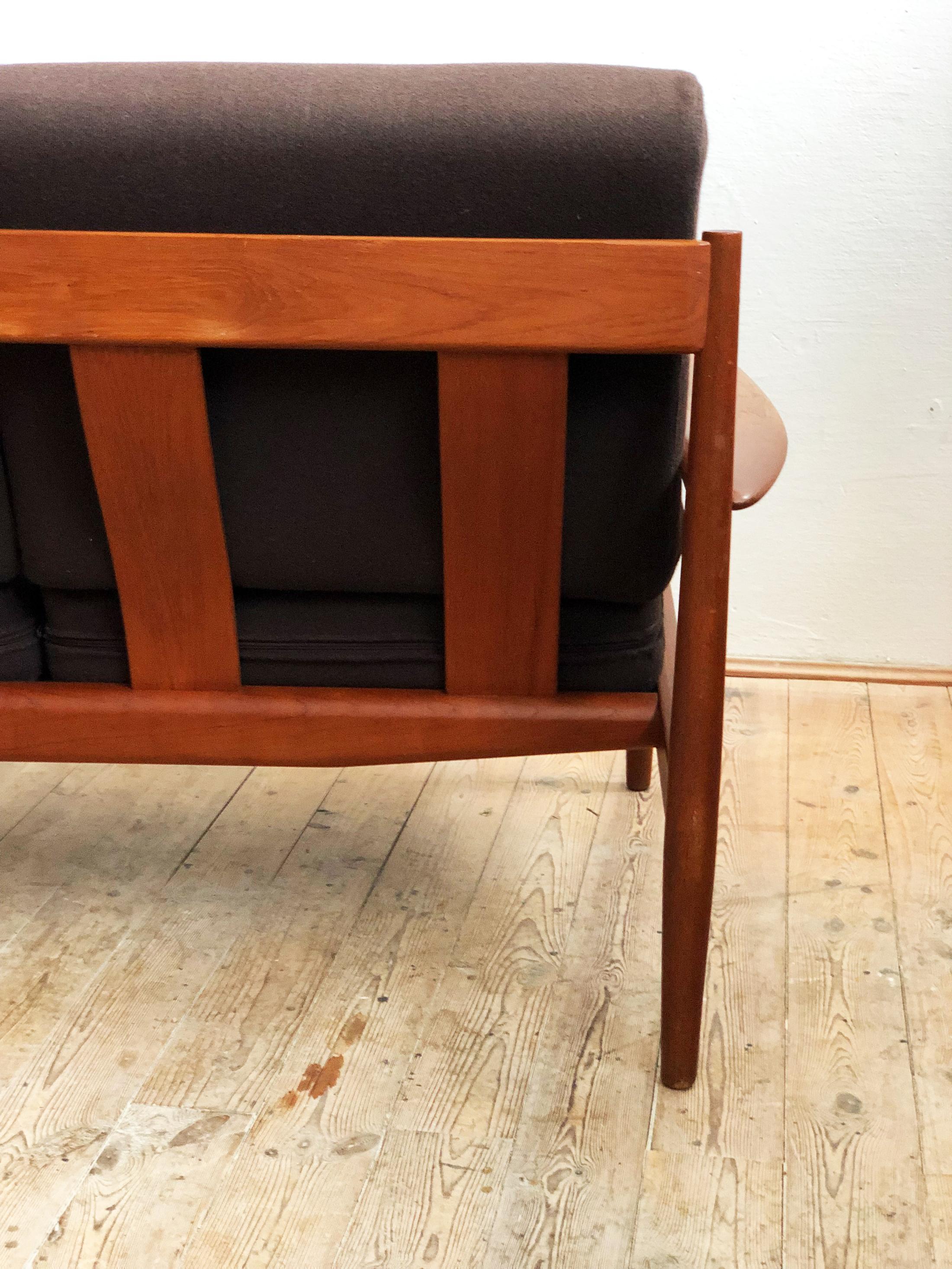 Midcentury Teak Sofa with Brown Upholstery by Grete Jalk For France & Son For Sale 1