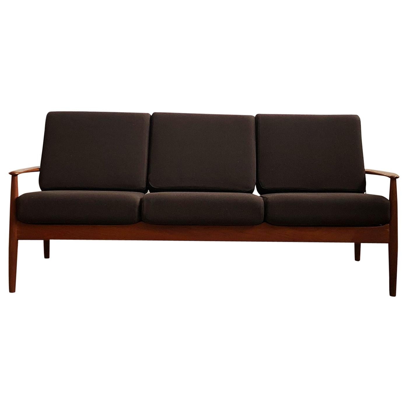 Midcentury Teak Sofa with Brown Upholstery by Grete Jalk For France & Son For Sale