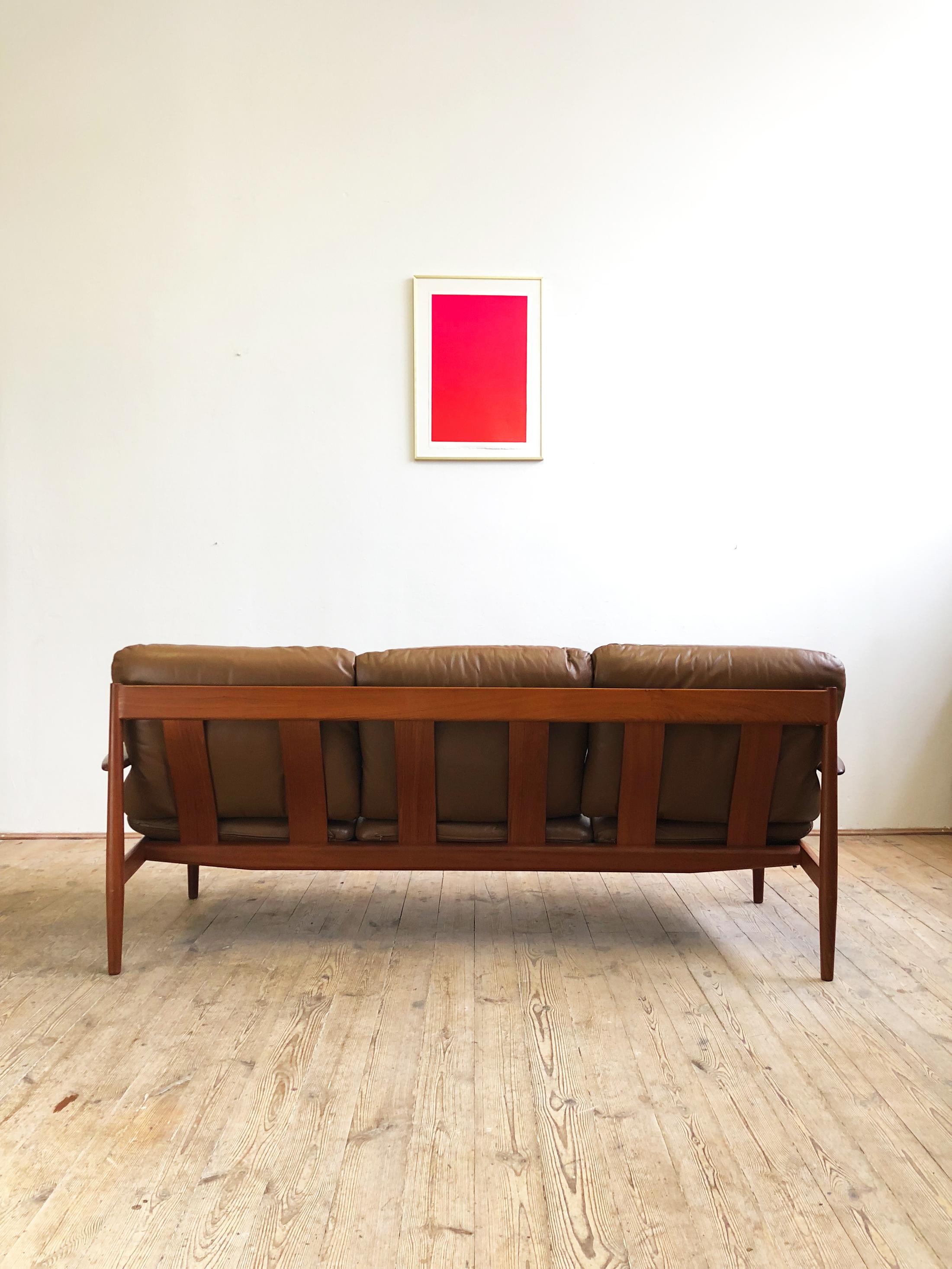 Oiled Midcentury Teak Sofa with Leather Cushions by Grete Jalk for Cado For Sale