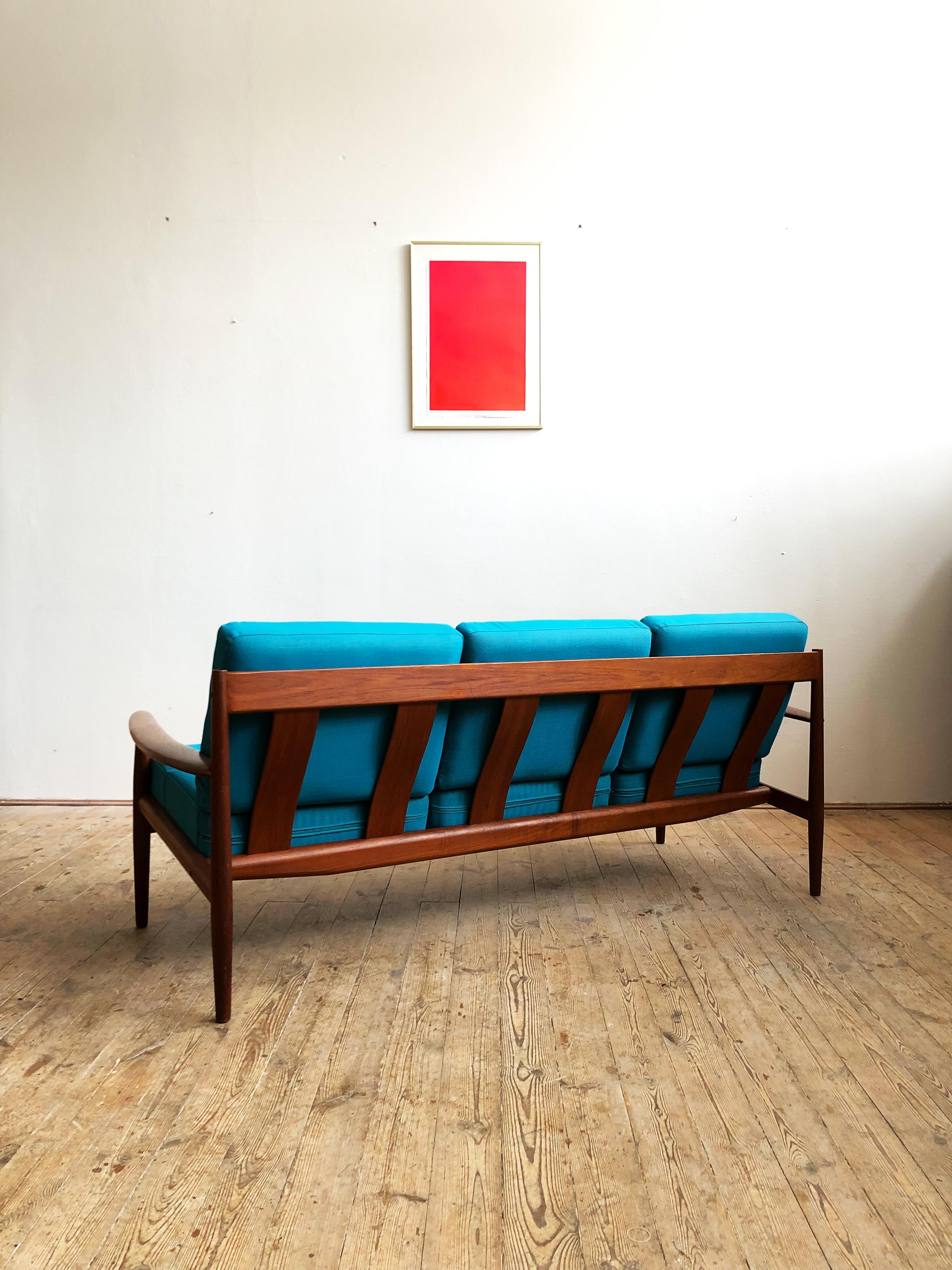Danish Midcentury Teak Sofa with Turquoise Upholstery by Grete Jalk for France & Son  For Sale
