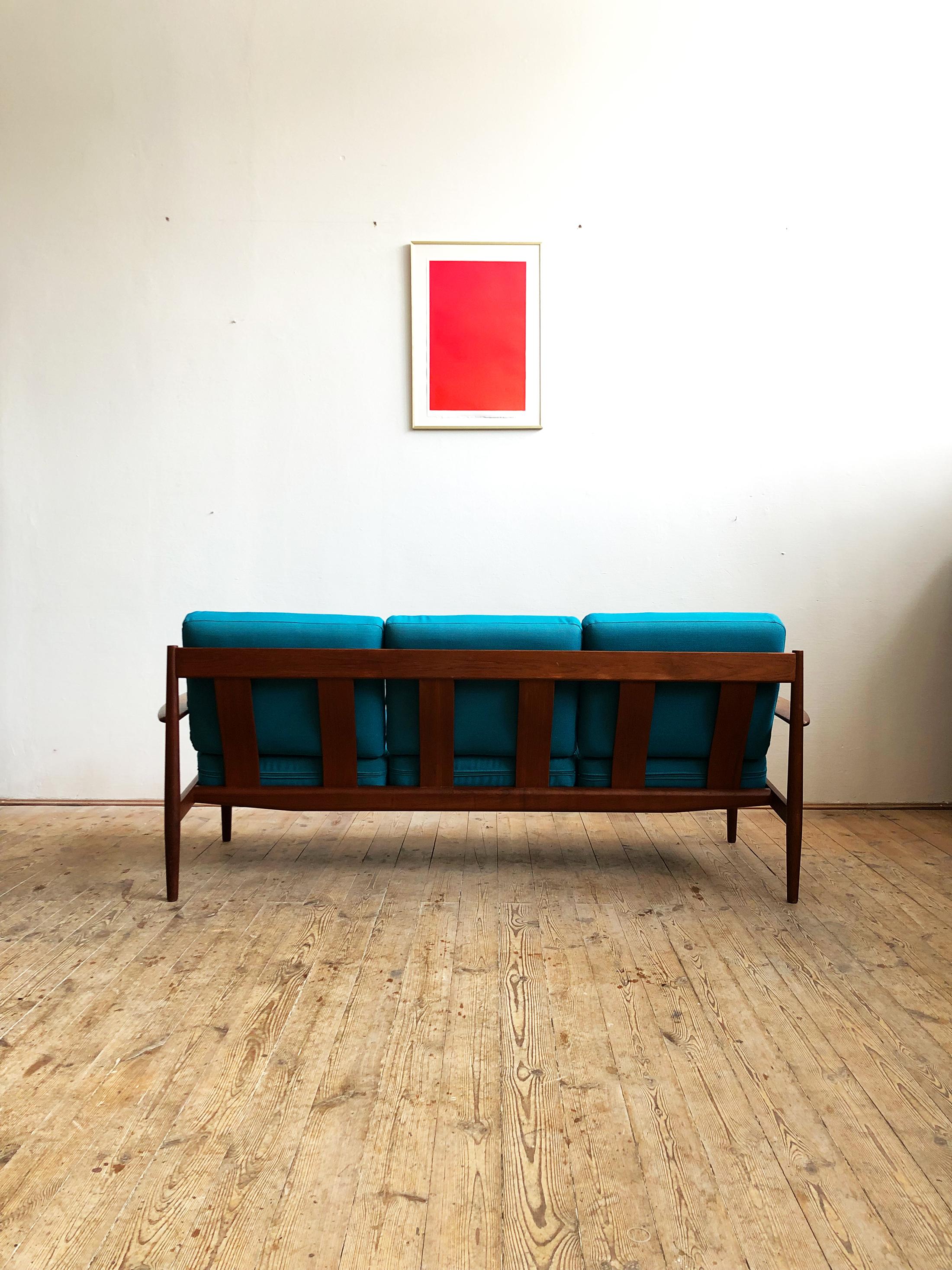 Oiled Midcentury Teak Sofa with Turquoise Upholstery by Grete Jalk for France & Son  For Sale