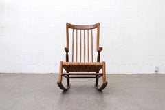 Midcentury Teak Spindle Back Rocking Chair with Rush Seat