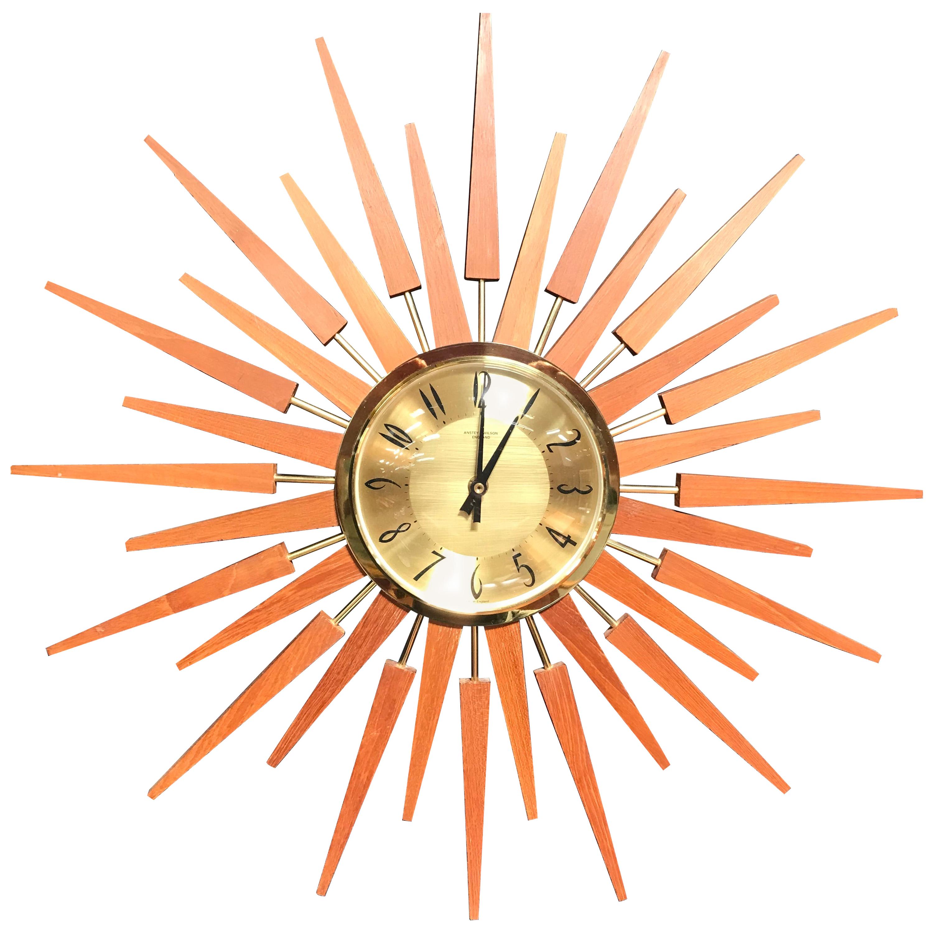 Midcentury Teak Sunburst or Starburst Clock by Anstey & Wilson For Sale