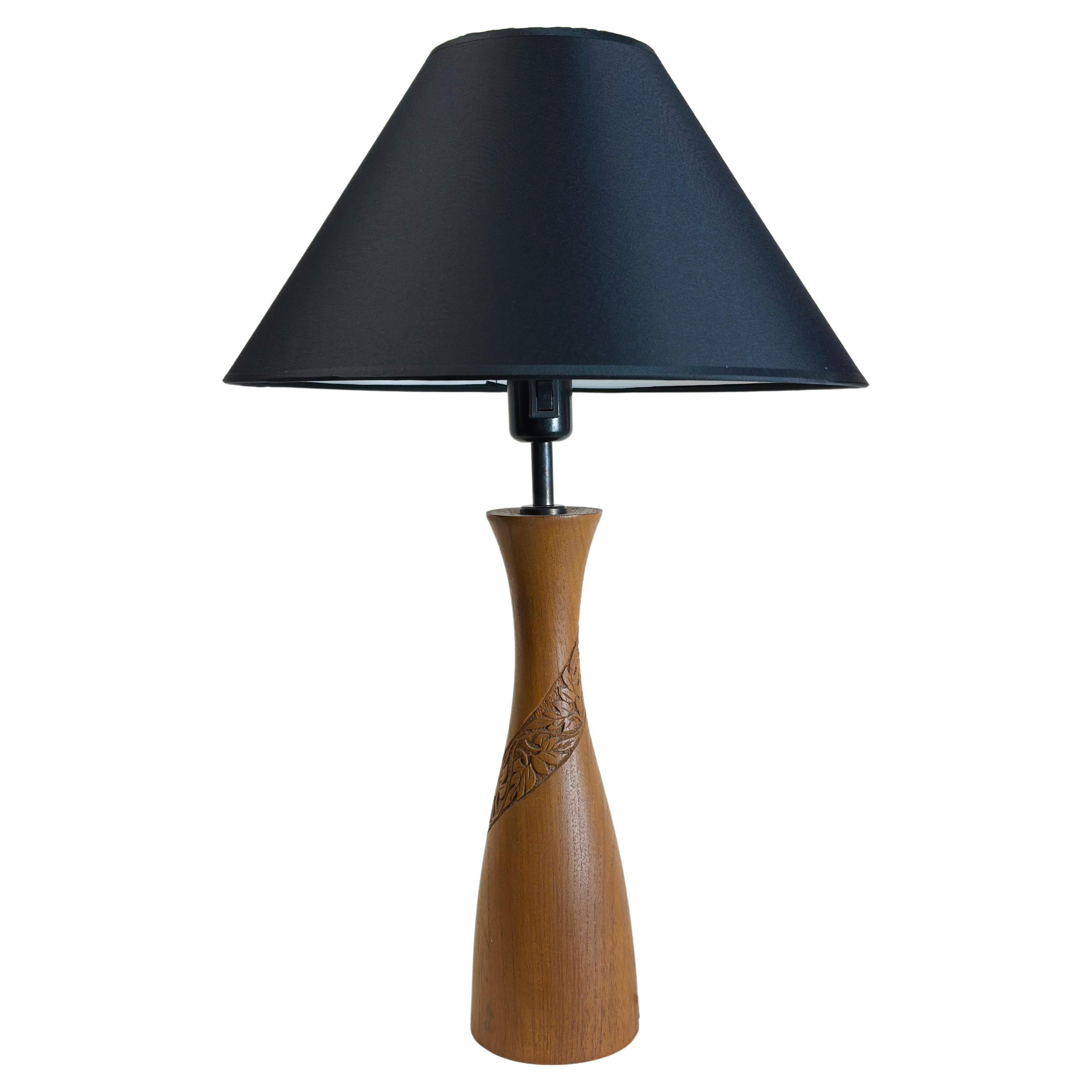 Mid-Century, Danish, Teak Table Lamp with Hand-Carved Folk-Style Detailing   For Sale