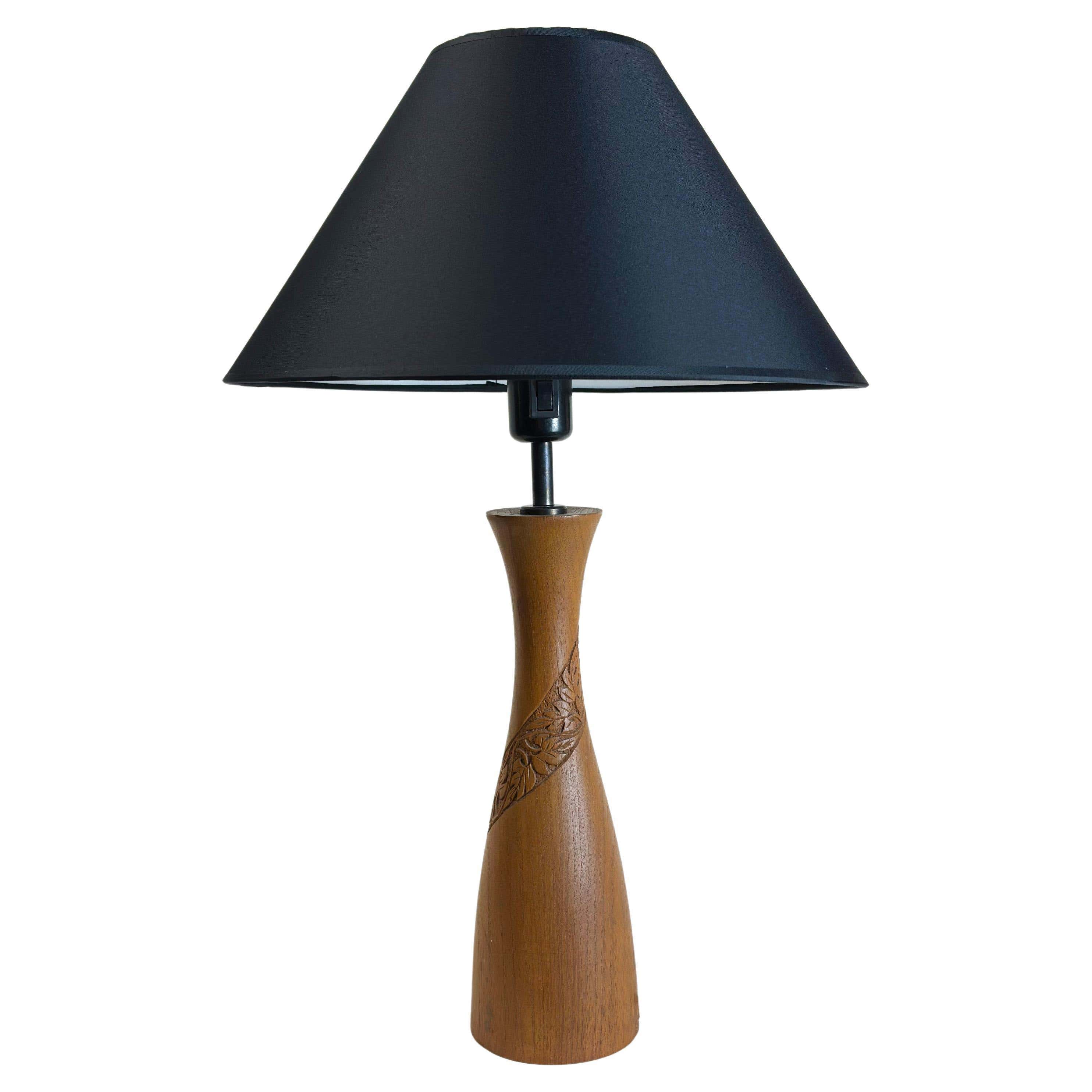 Mid-Century, Danish, Teak Table Lamp with Hand-Carved Folk-Style Detailing  