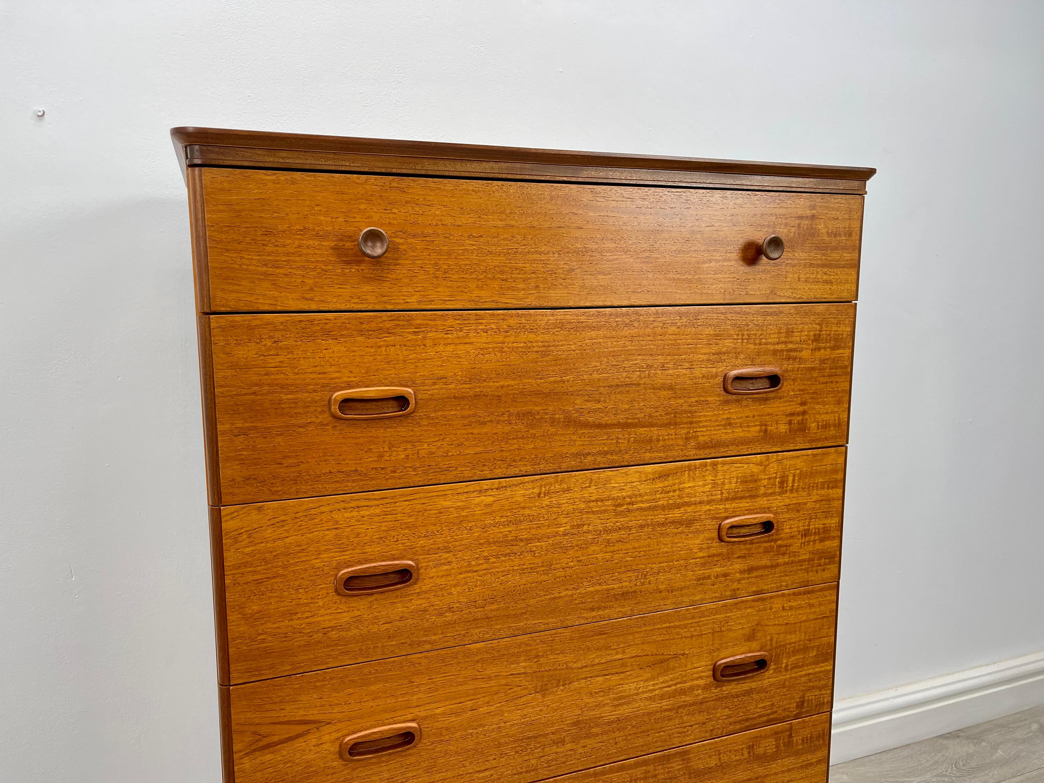 Lacquered Mid Century Teak Tallboy Chest Of Drawers 