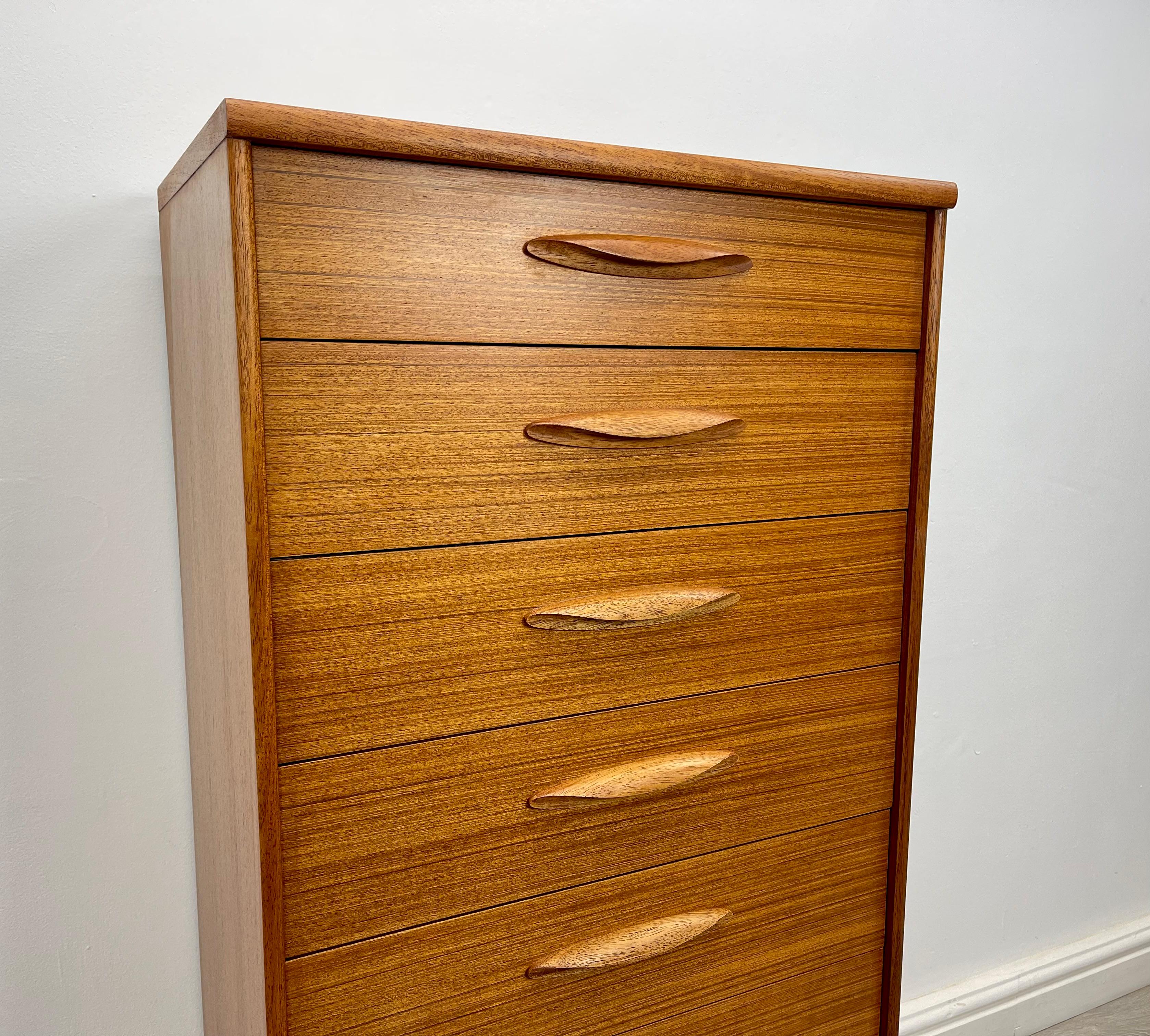 Lacquered Mid Century Teak Tallboy Chest Of Drawers For Sale