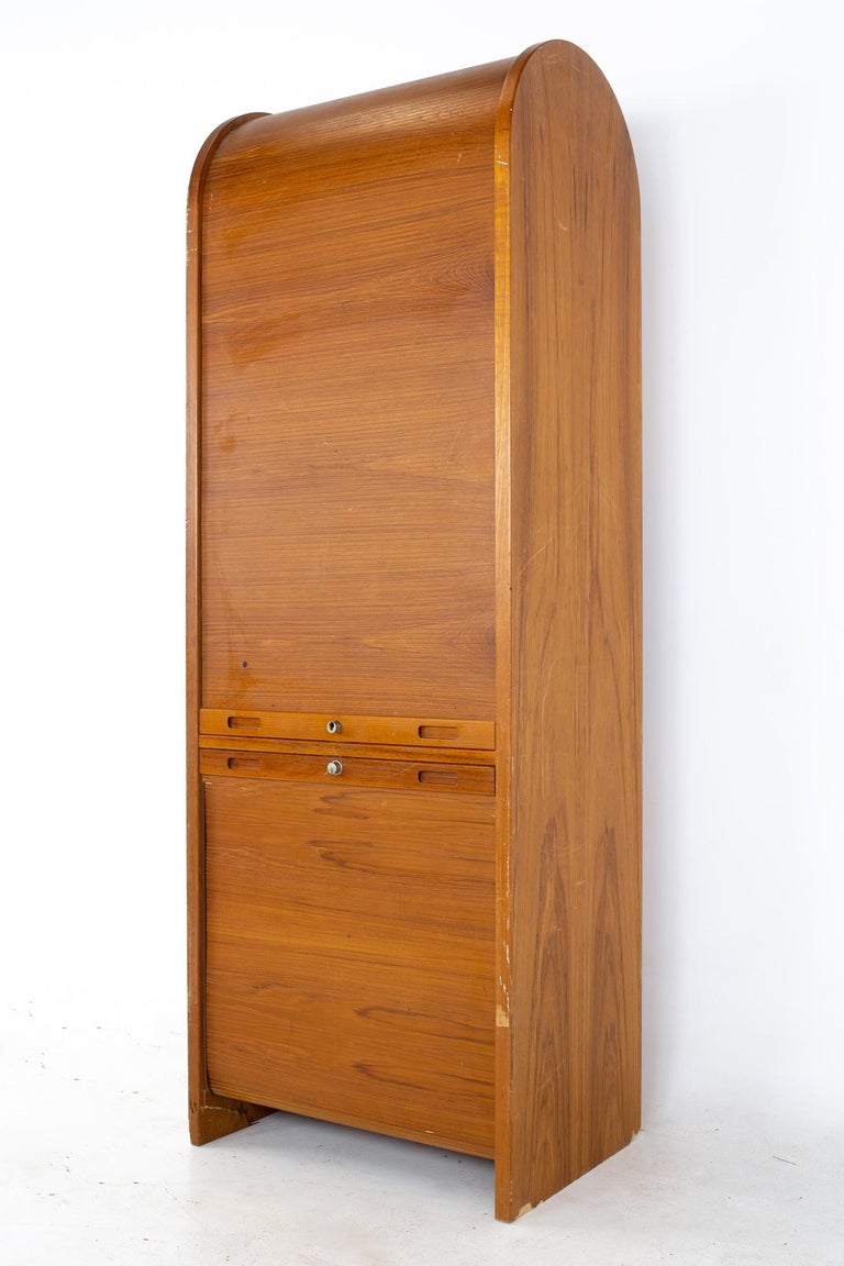 Mid-Century Modern Mid Century Teak Tambour Door Upright Storage Credenza For Sale