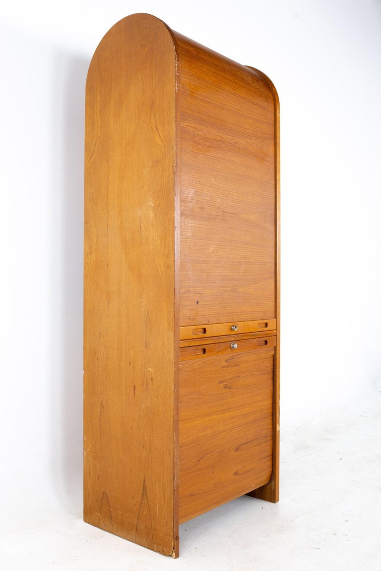Danish Mid Century Teak Tambour Door Upright Storage Credenza For Sale