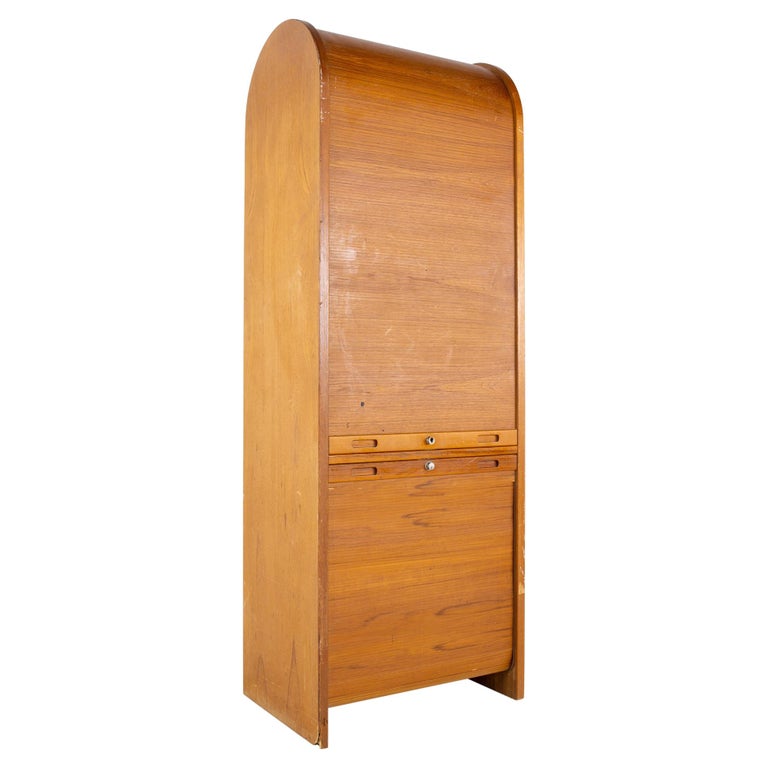 Mid Century Teak Tambour Door Upright Storage Credenza For Sale