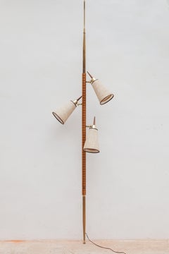 Mid Century Teak Tension Pole Floor to Ceiling Triple Lights Lamp Germany, 1950s