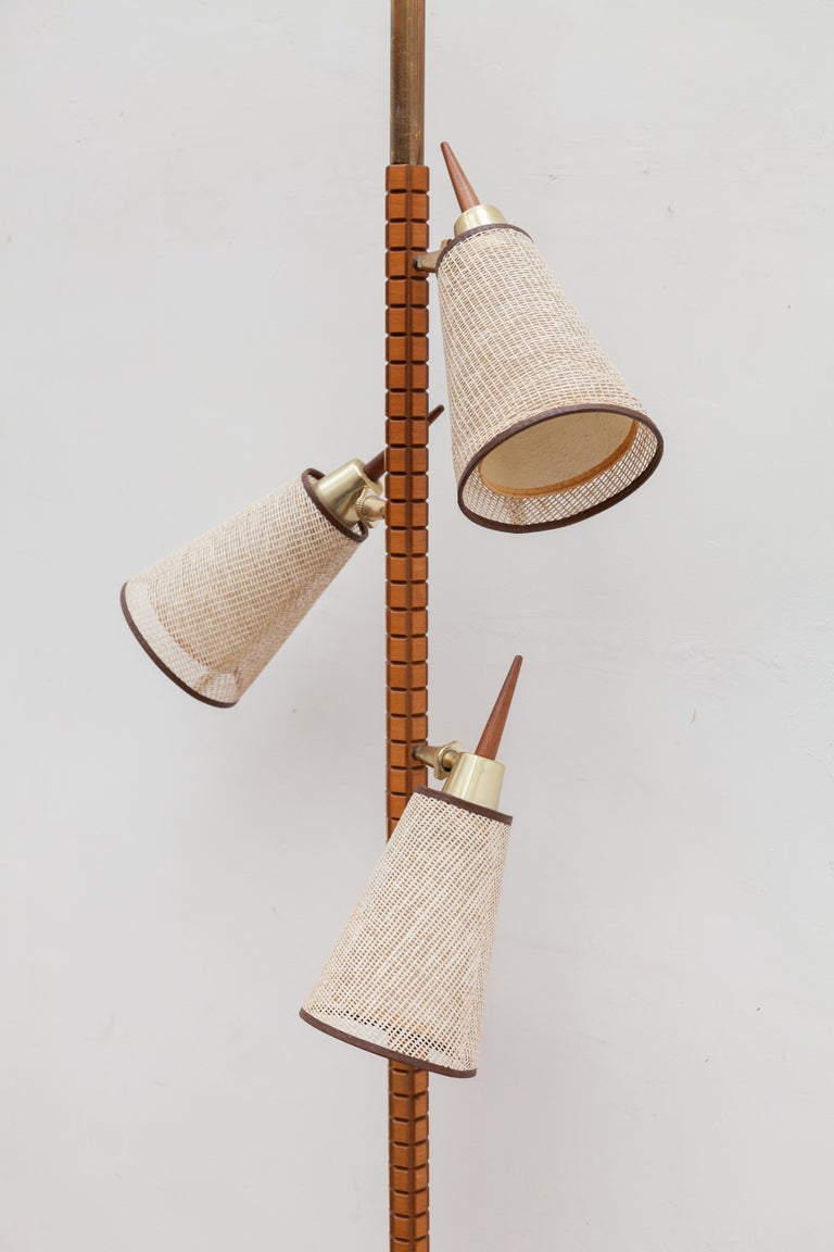 Mid Century Teak Tension Pole Floor to Ceiling Triple Lights Lamp ...