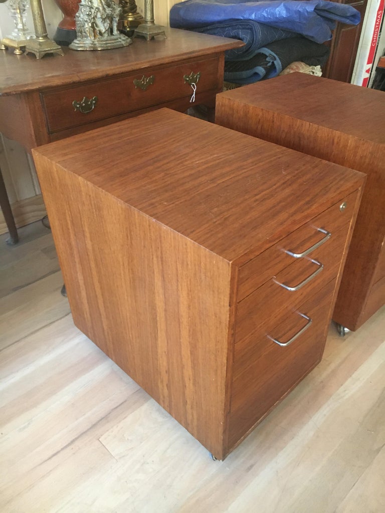 Midcentury Teak ThreeDrawer File On Casters, Great Bed Side