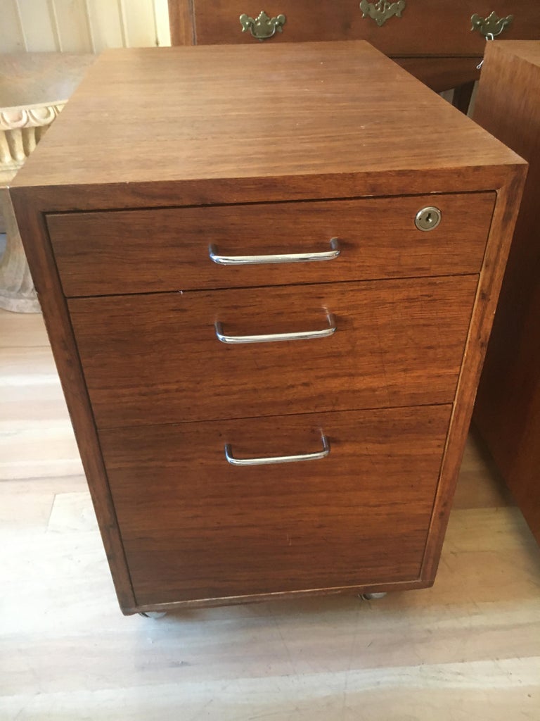 Midcentury Teak ThreeDrawer File On Casters, Great Bed Side