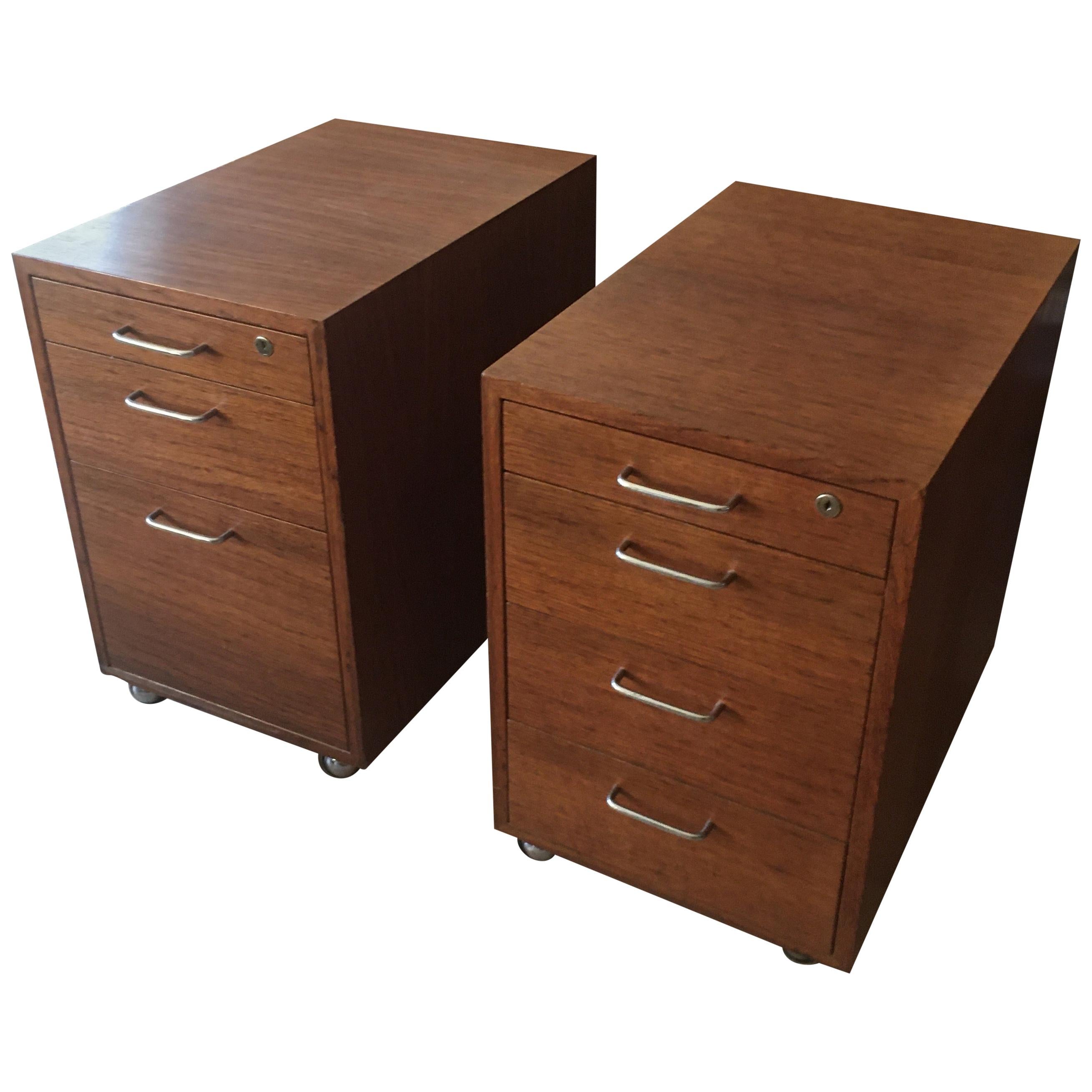Midcentury Teak Three-Drawer File Cabinets On Casters, Great Bed Side Tables For Sale