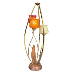 Mid-Century Teak Three Flower Shades Rare Accent Table Lamp