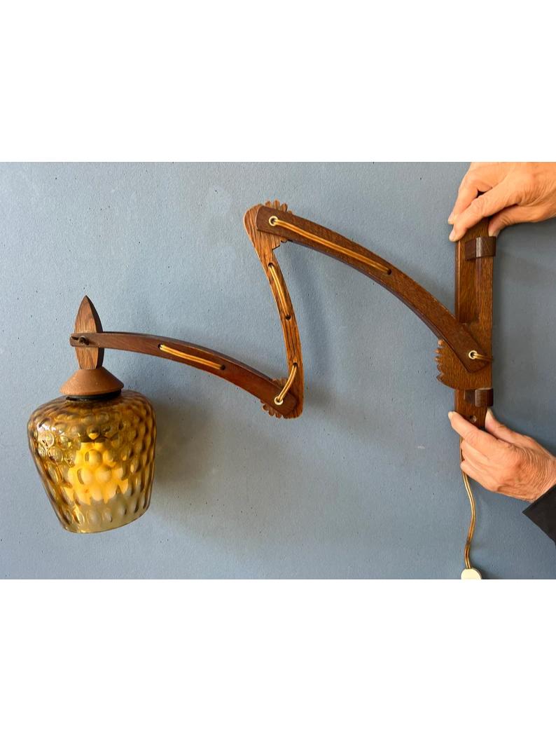 20th Century Mid Century Teak Wall Lamp Glass Wall Light Adjustable Sconce, 1970s For Sale