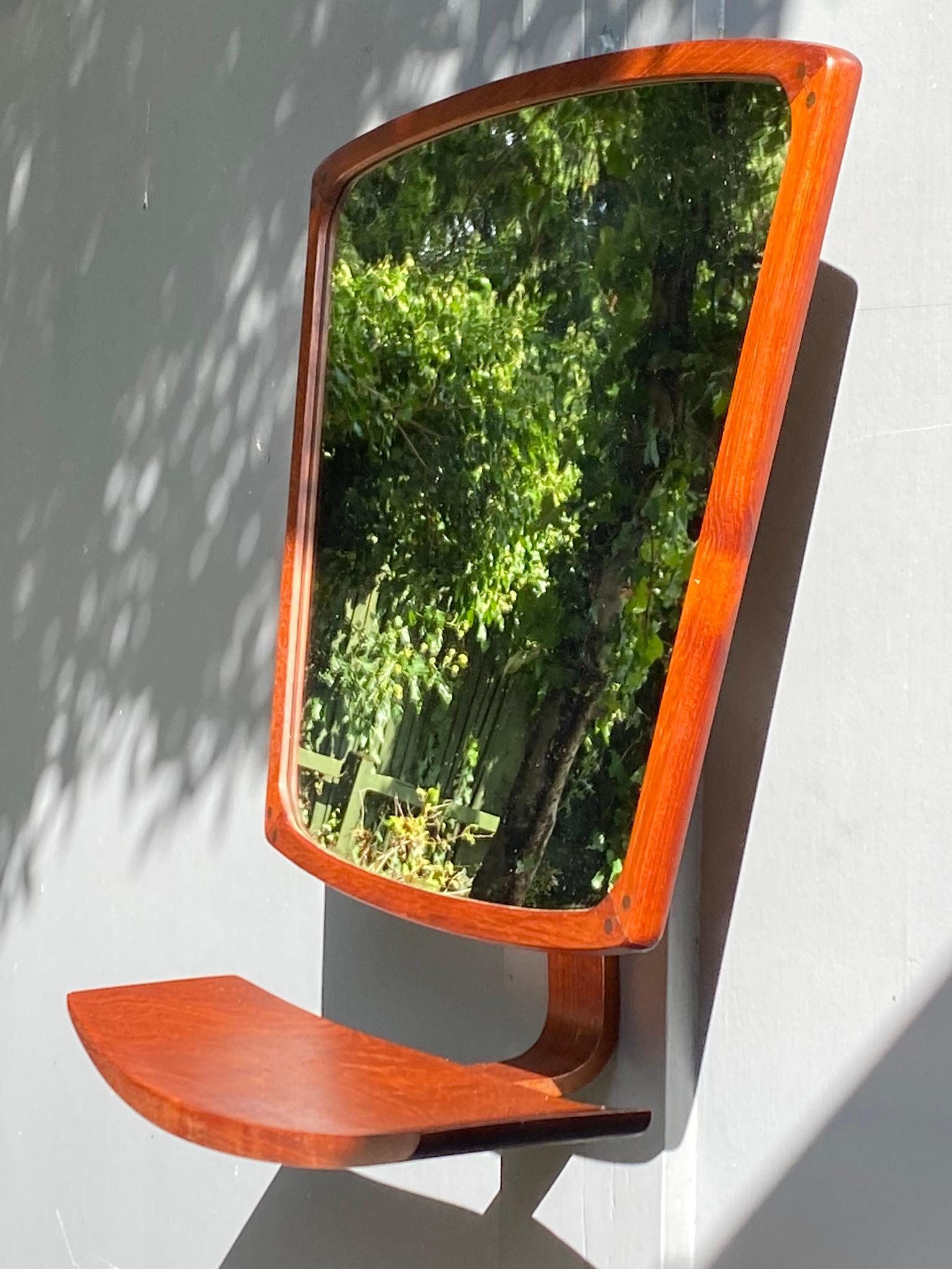 Lacquered Mid-Century Danish Teak Wall Mirror With Shelf, Circa 1960s For Sale