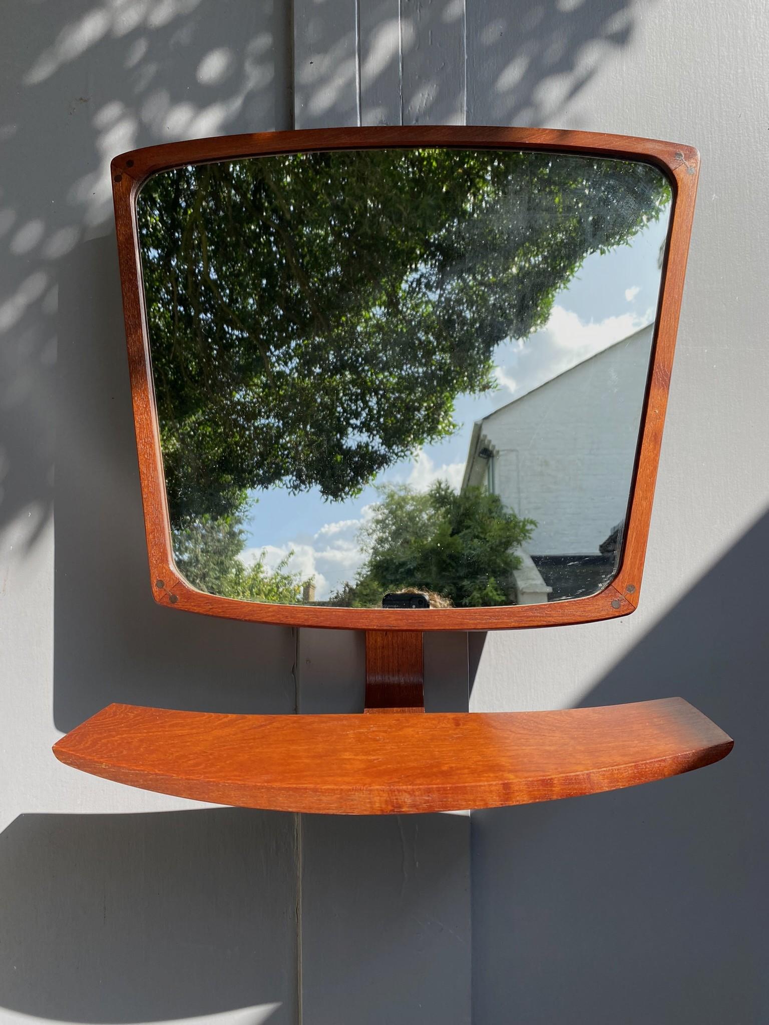 Mid-Century Danish Teak Wall Mirror With Shelf, Circa 1960s For Sale 1