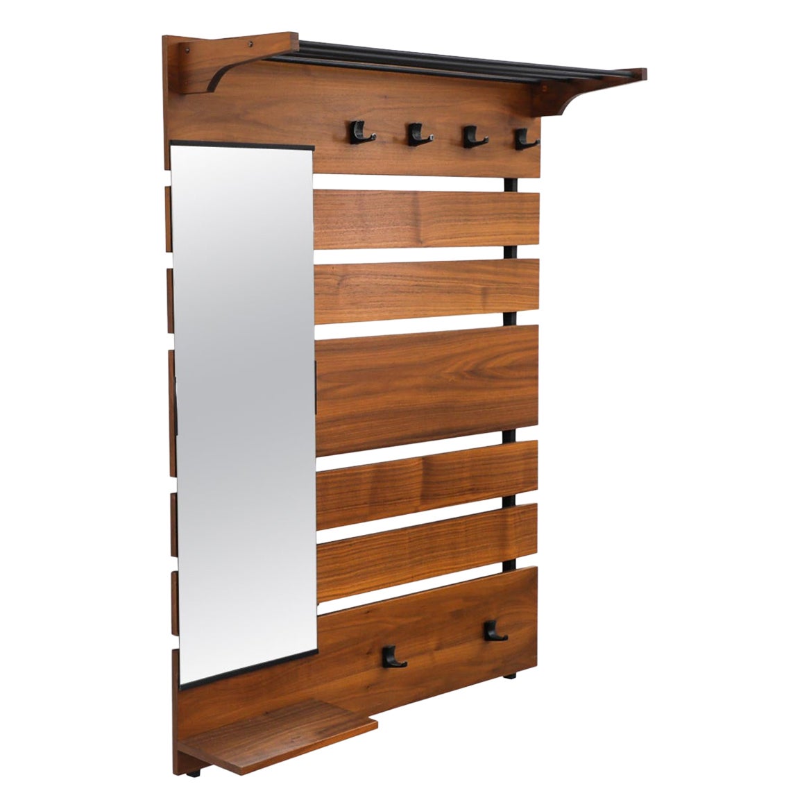 Mid-Century Teak Wall Mount Coat Rack with Mirror and Shelf