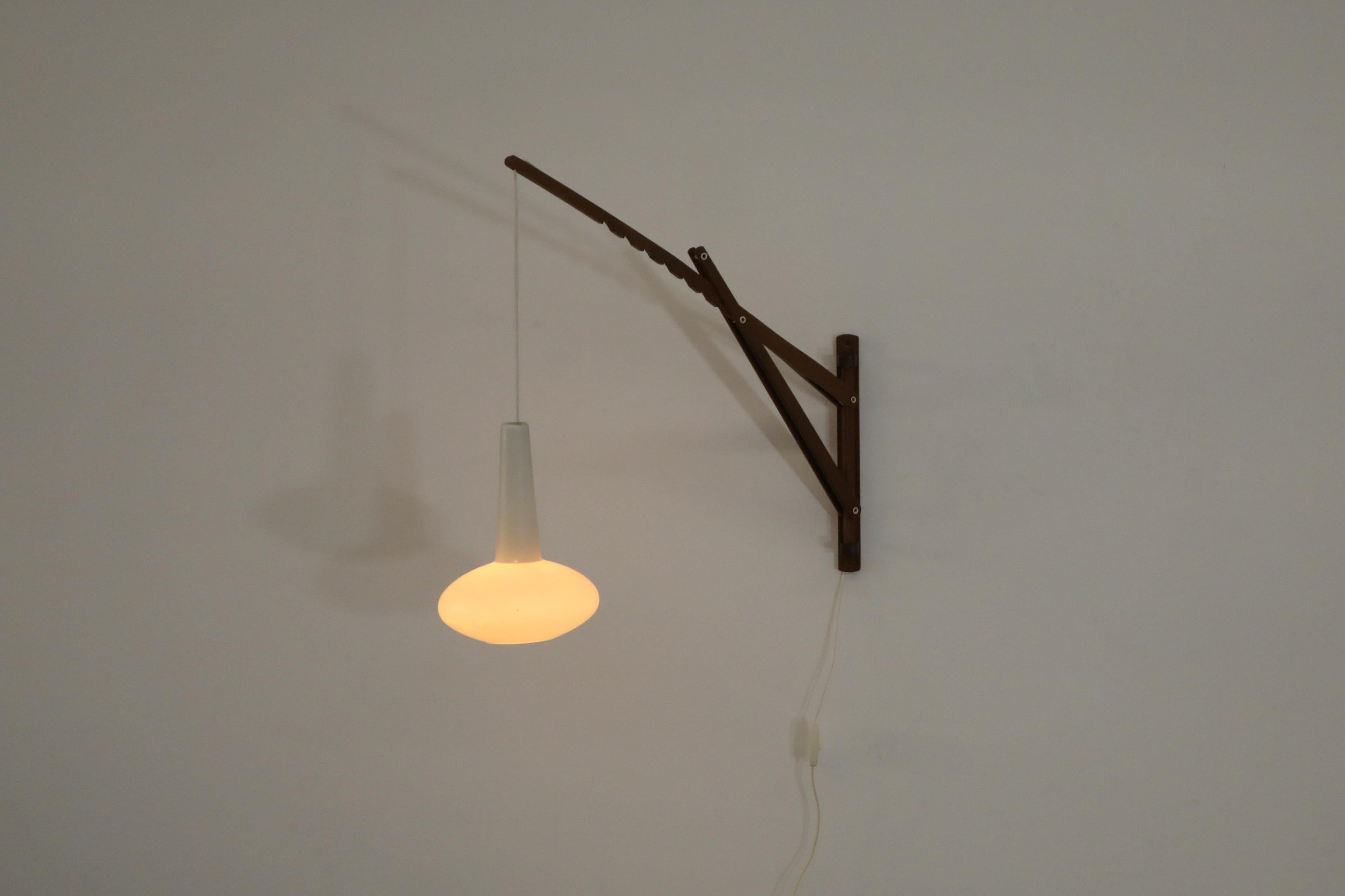 Mid-Century Teak Wall Mount Sconce with Milk Glass Pendant In Good Condition For Sale In Los Angeles, CA