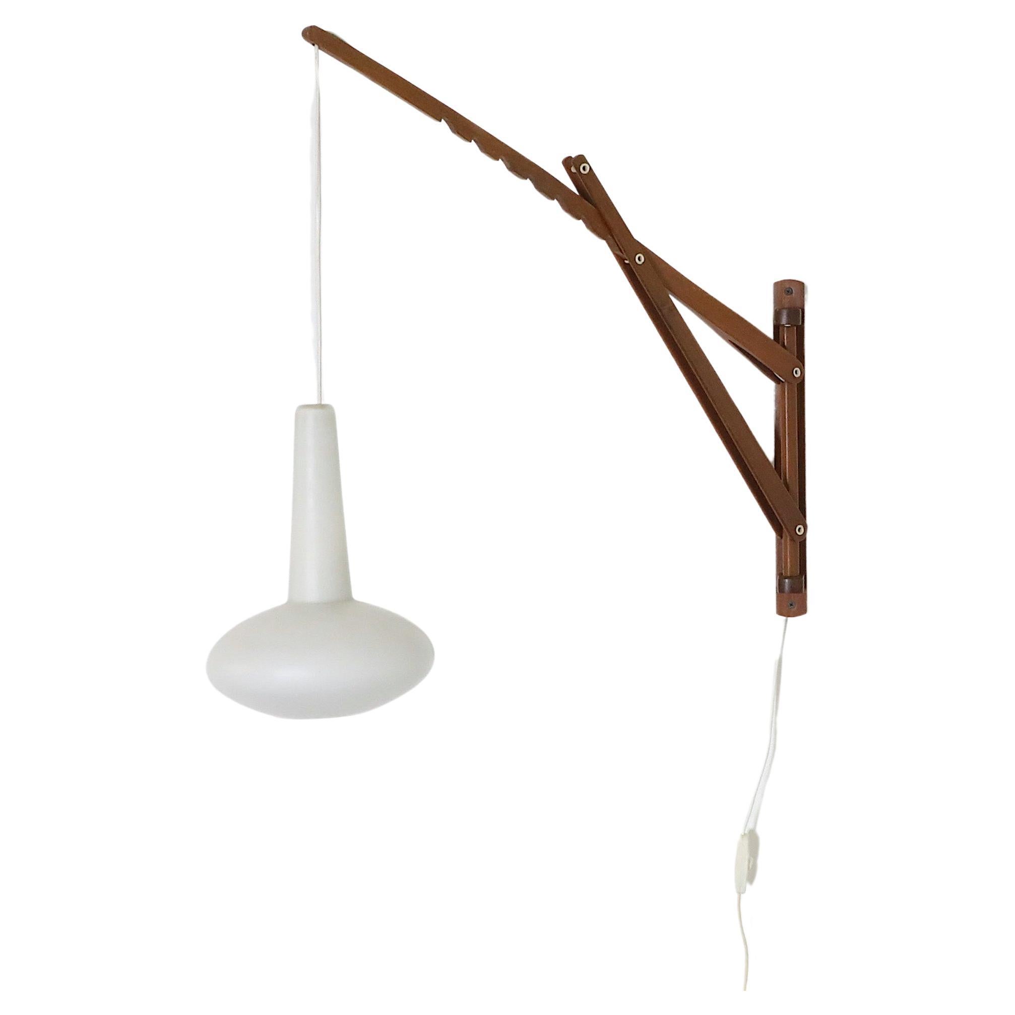 Mid-Century Teak Wall Mount Sconce with Milk Glass Pendant For Sale