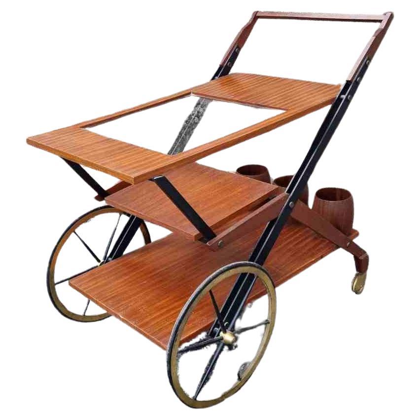 Carrello da portata in legno di teak e ottone, Italia anni '60, metà secolo