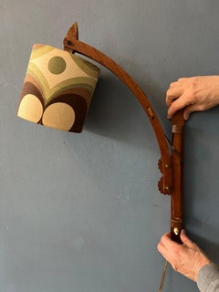 Mid Century Teak Wood Boomrang Wall Lamp with Green Patterned Shade, 1970s
