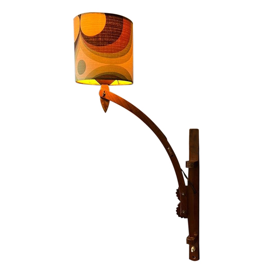 Mid Century Teak Wood Boomrang Wall Lamp with Green Patterned Shade, 1970s