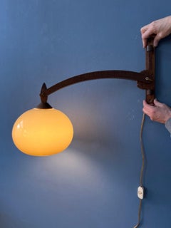 Mid Century Teak Wood Boomrang Wall Lamp with Mushroom Shade, 1970s