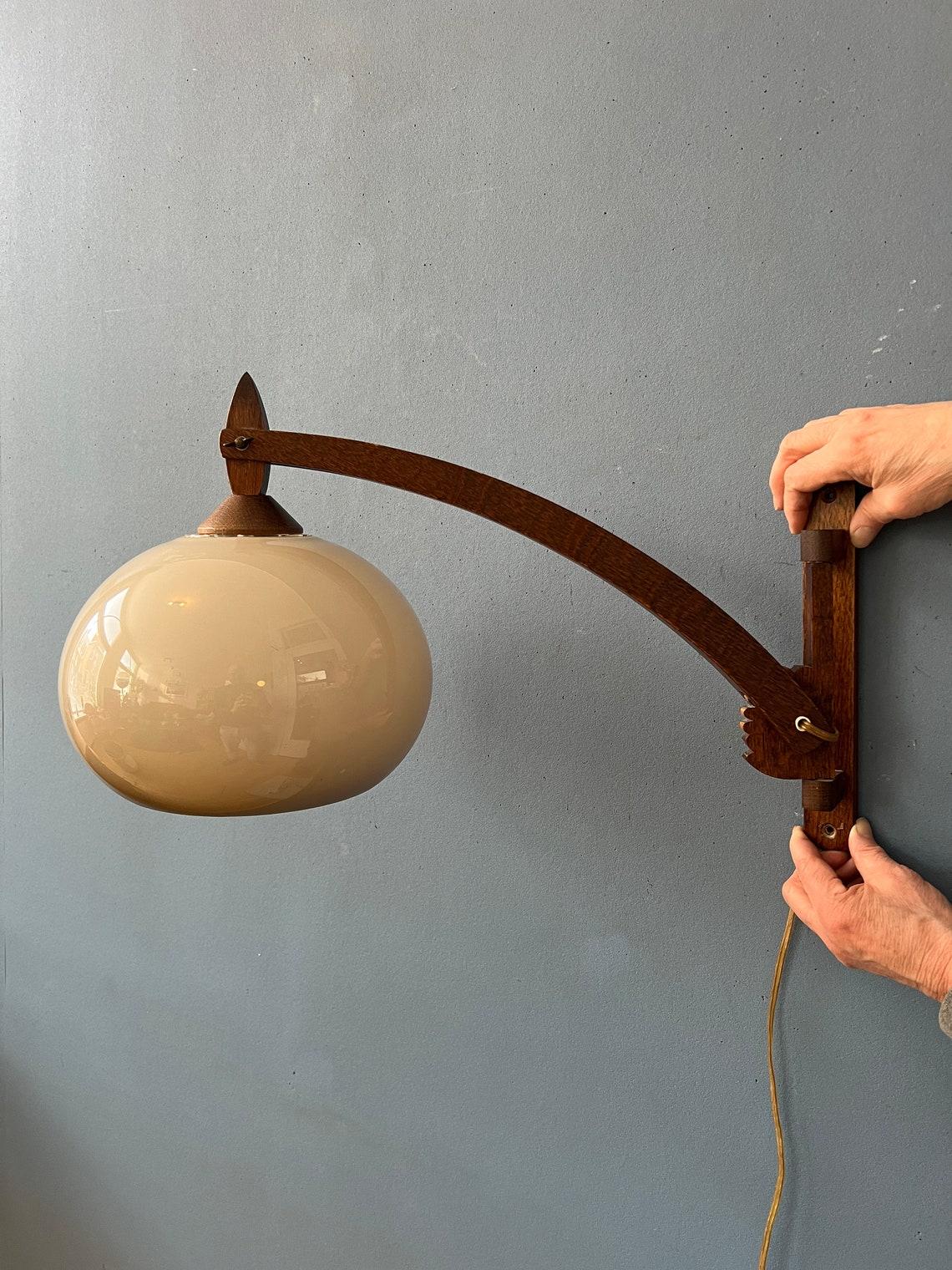 Mid Century Teak Wood Boomrang Wall Lamp with Mushroom Shade, 1970s For Sale 1