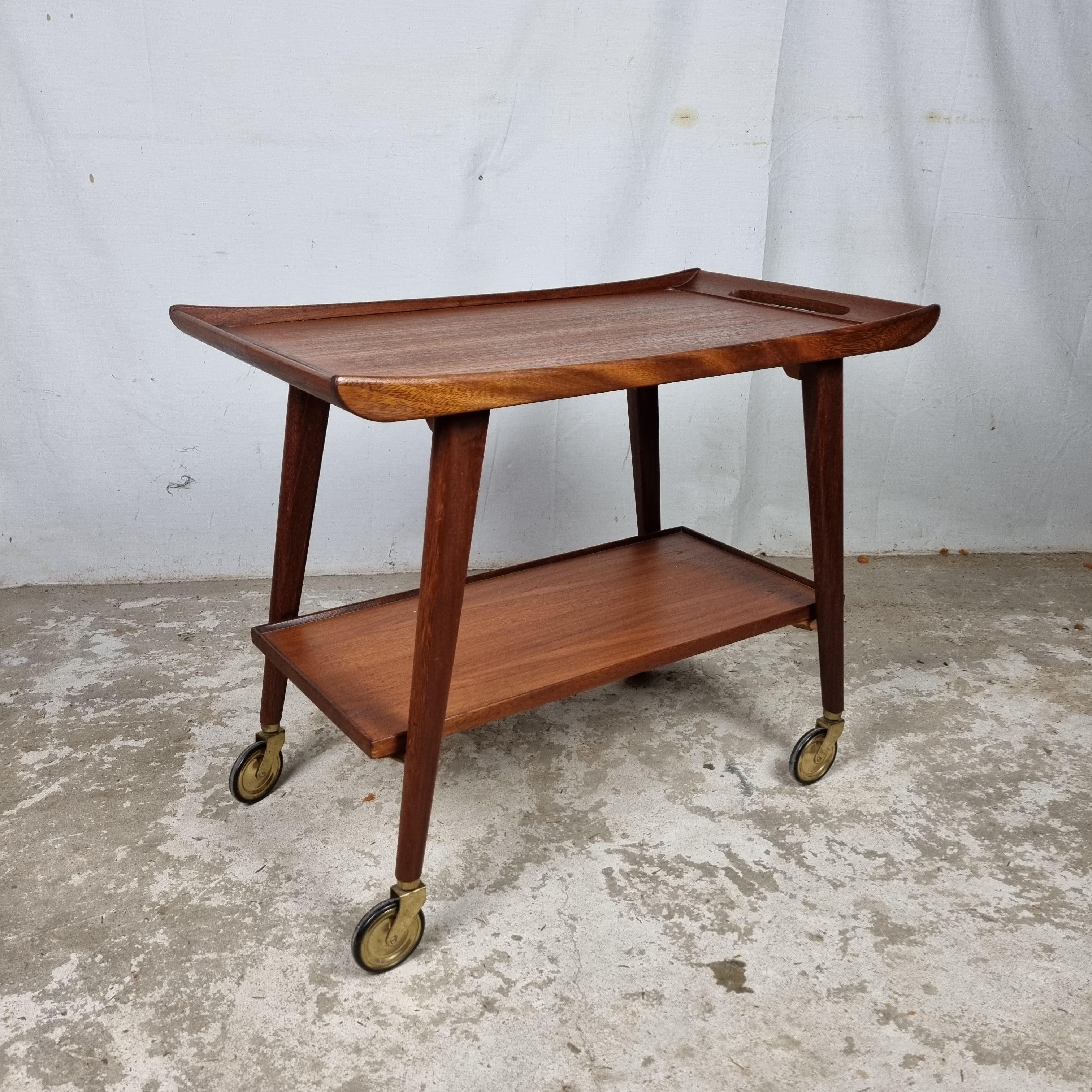 Veneer Mid Century teak wood serving trolley, side table by Opal klein möbel, Germany