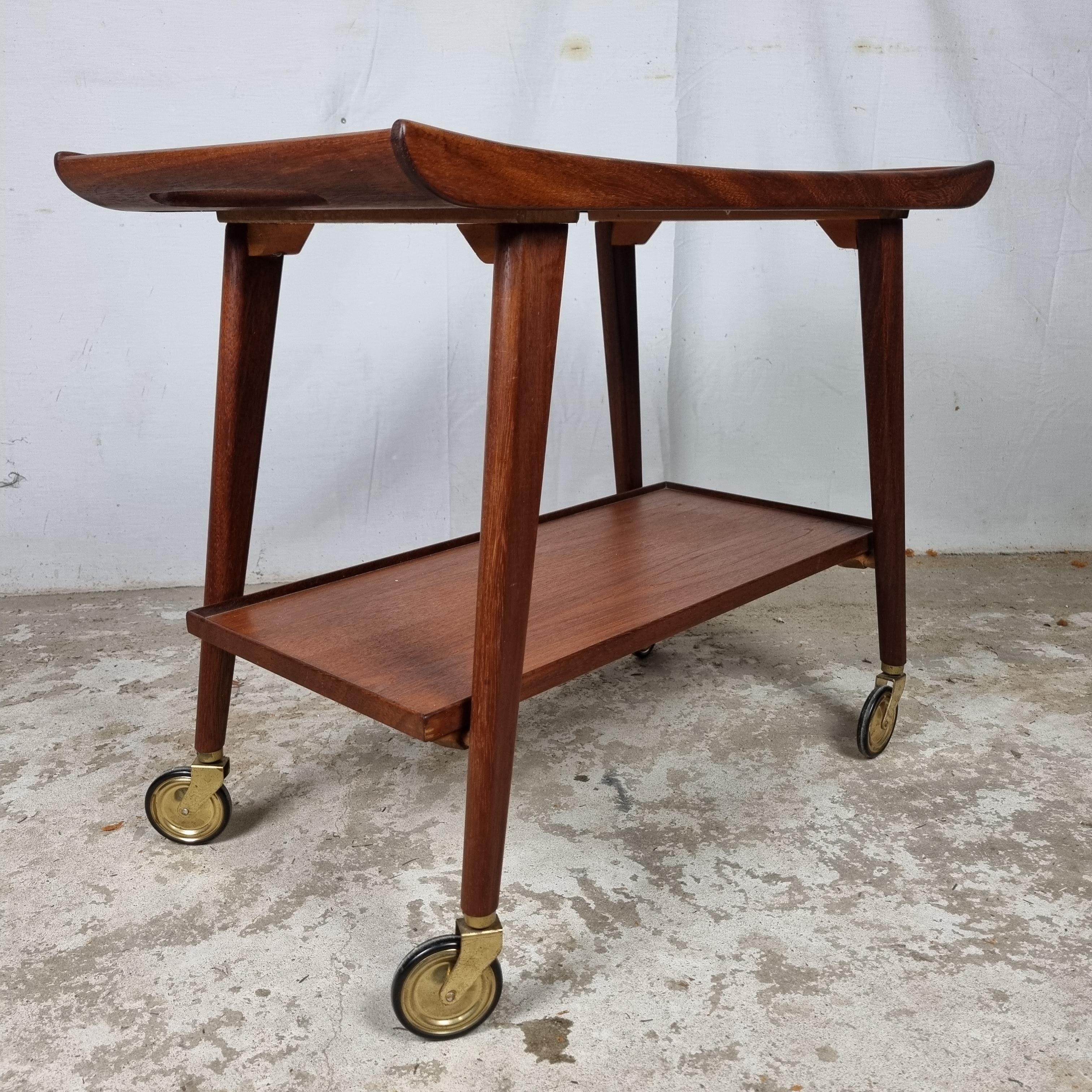 Mid Century teak wood serving trolley, side table by Opal klein möbel, Germany 2
