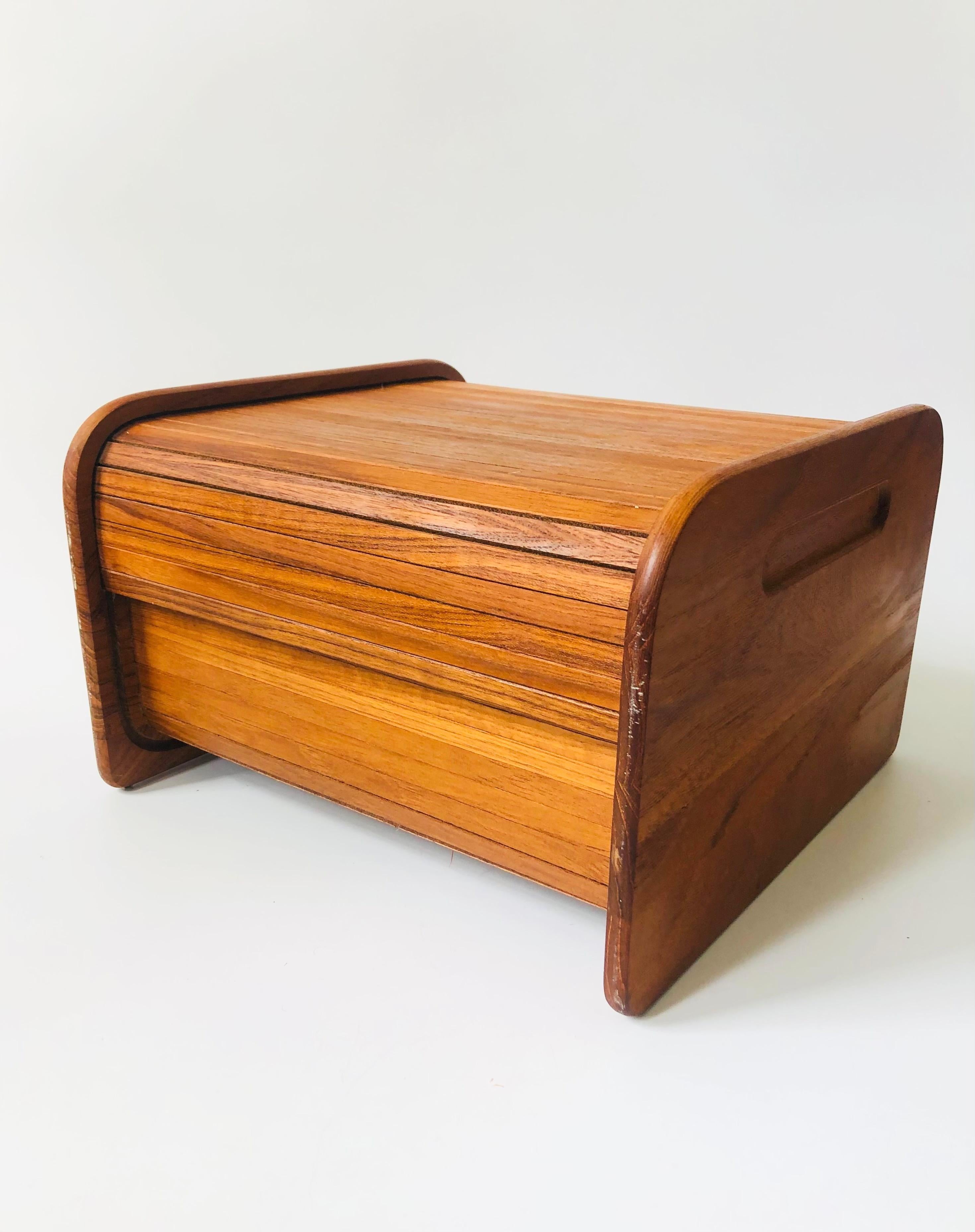 Mid Century Teak Wood Tambour Door Storage Box 1