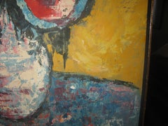 Mid-Century Teal and Gold Impasto Painting on Canvas