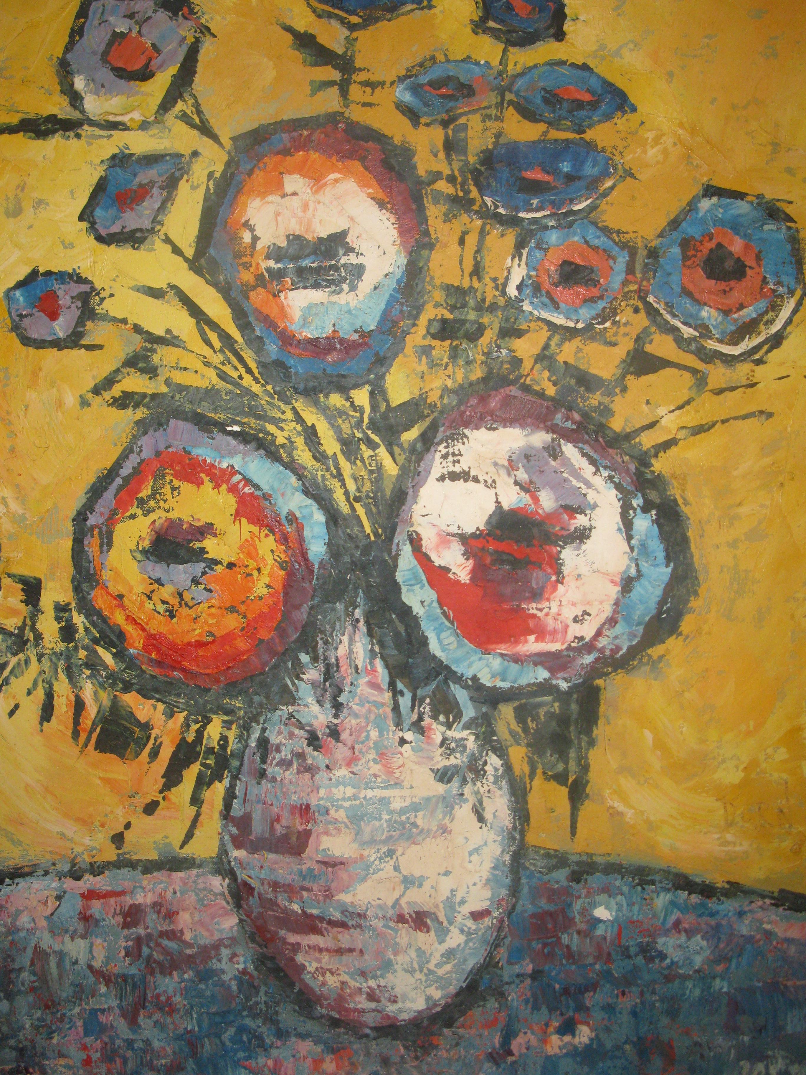 Mitte des Jahrhunderts Teal und Gold Impasto Gemälde auf Leinwand (20. Jahrhundert) im Angebot