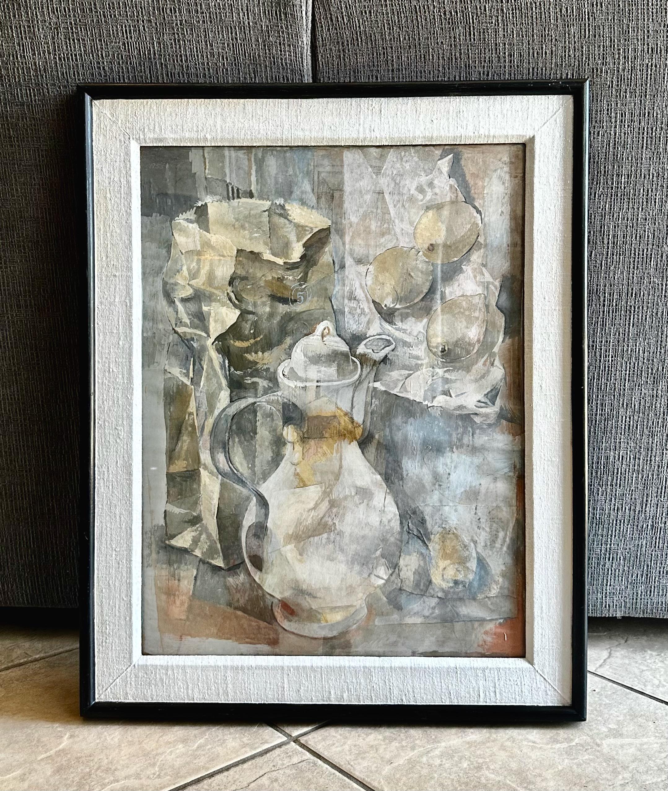 Mid-Century abstract still life tempera painting framed and matted, by renowned artist Stanley Mitruk. Possible faint signature upper left with old original gallery card on back side. Painting measures 15” x 20.5 framed size 20” x 26.5”. 

Stanley
