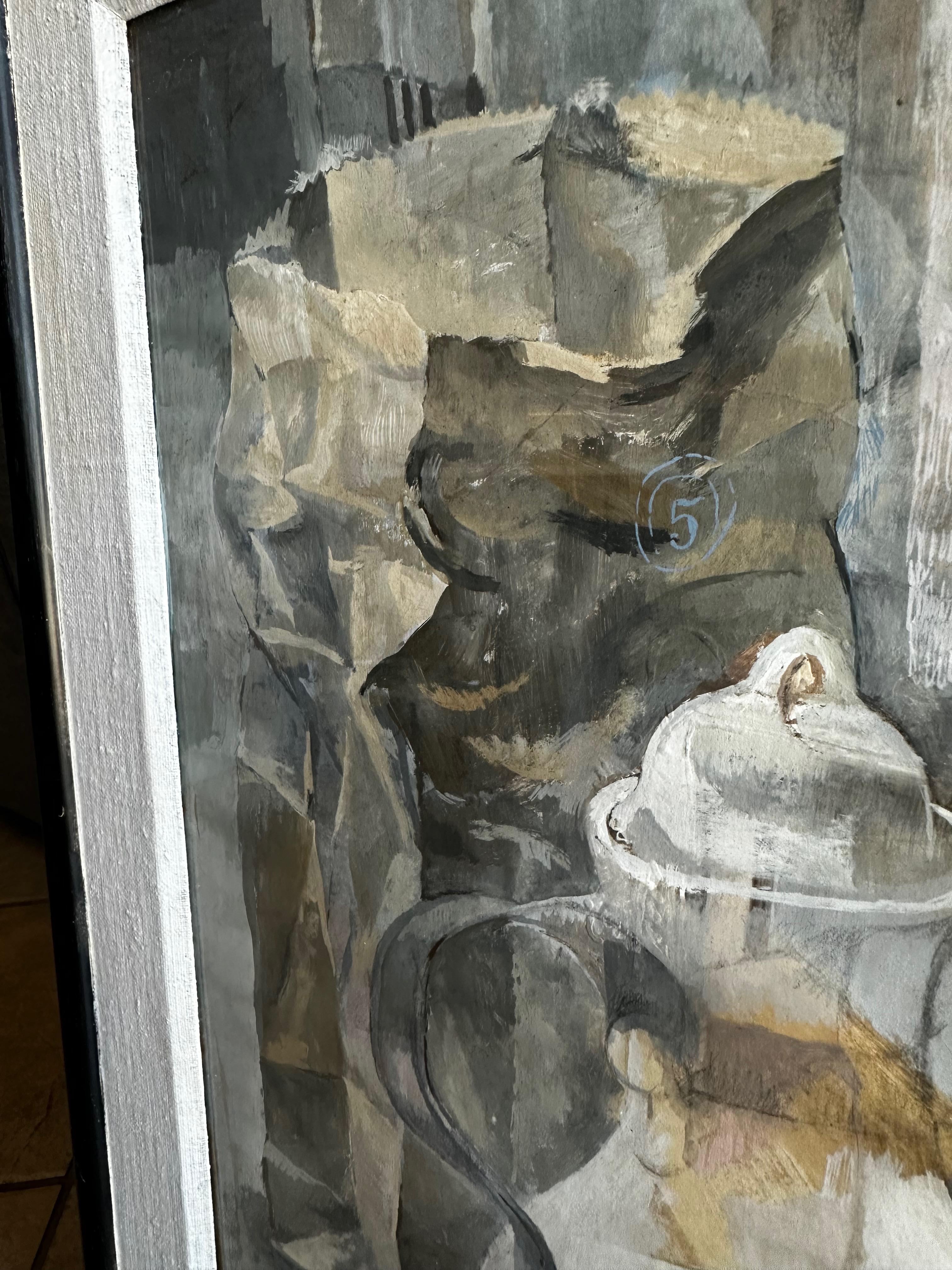 Glass Mid-Century Tempera Painting by Listed Artist Stanley Mitruk For Sale