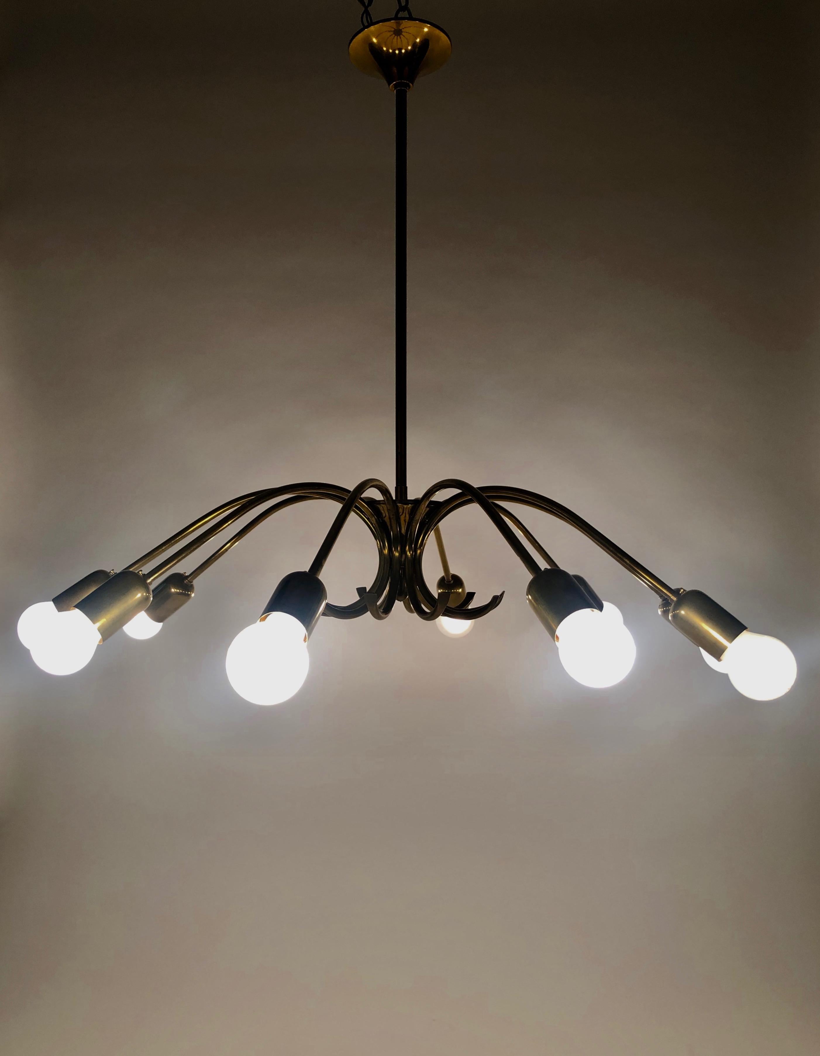 Lampadario a dieci bracci in ottone di Ruper Nikoll, prodotto in Austria. in vendita 2