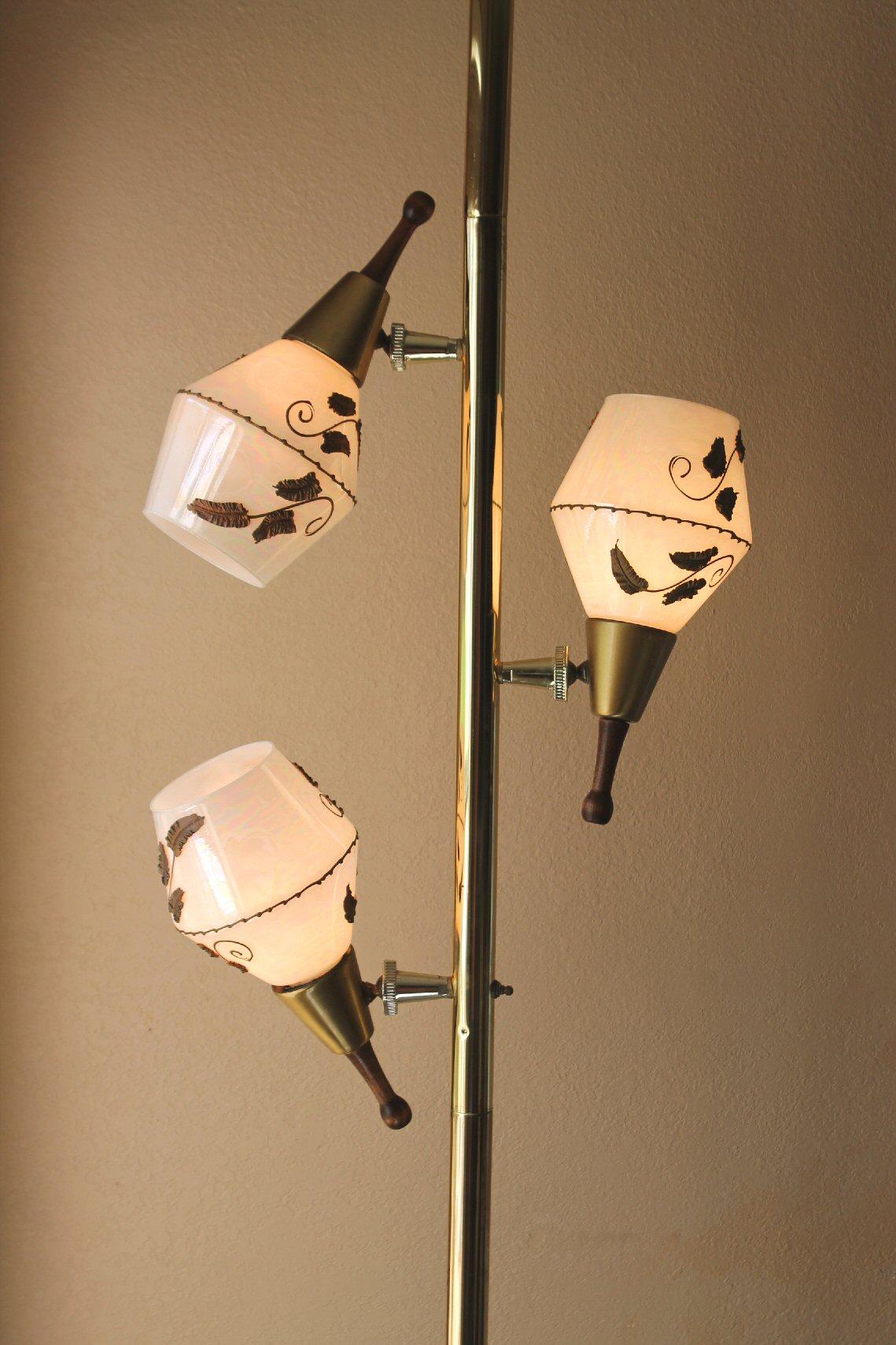 Hand-Painted Mid Century Tension Pole Lamp With Hand painted Italian Glass! 50s Stiffel Era  For Sale