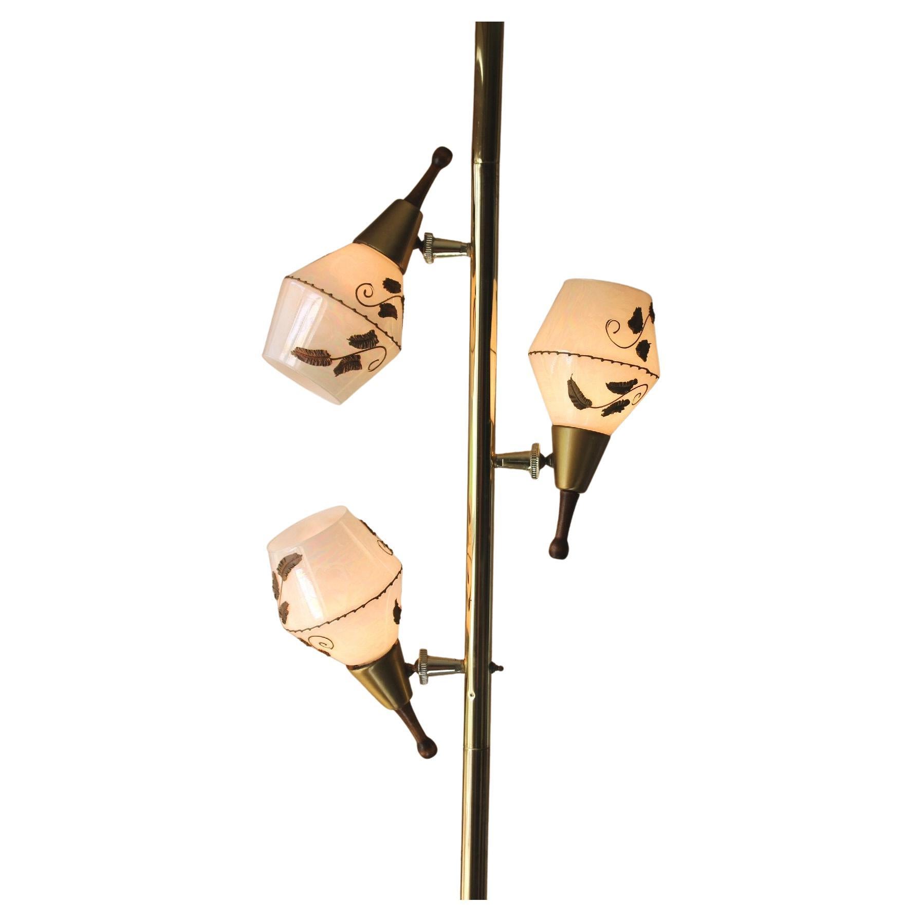 Mid Century Tension Pole Lamp With Hand painted Italian Glass! 50s Stiffel Era  For Sale