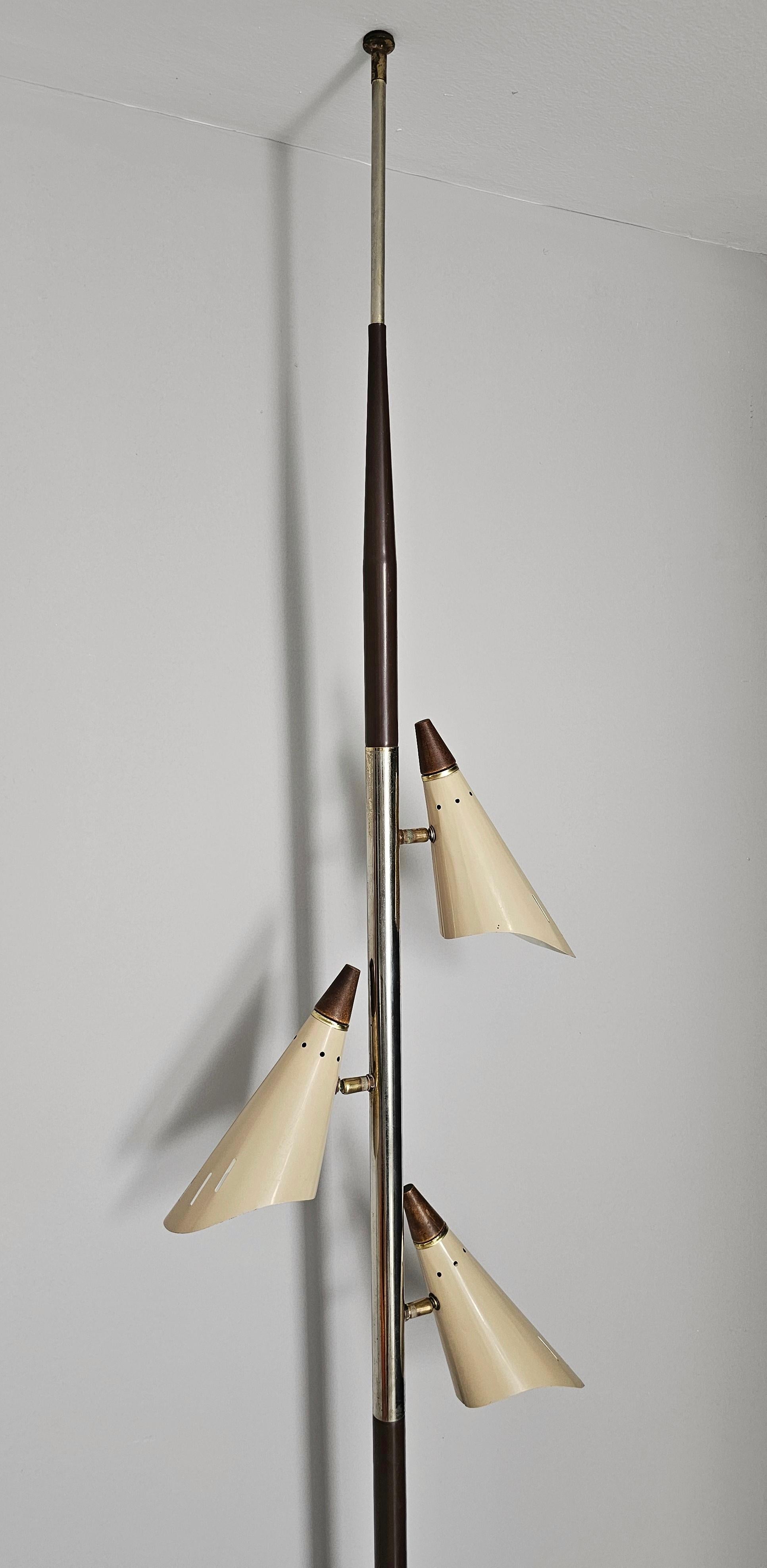 Mid-Century Modern Mid Century Tension Pole Lamp with three shades attr. to Stilnovo, Italy 1960s For Sale
