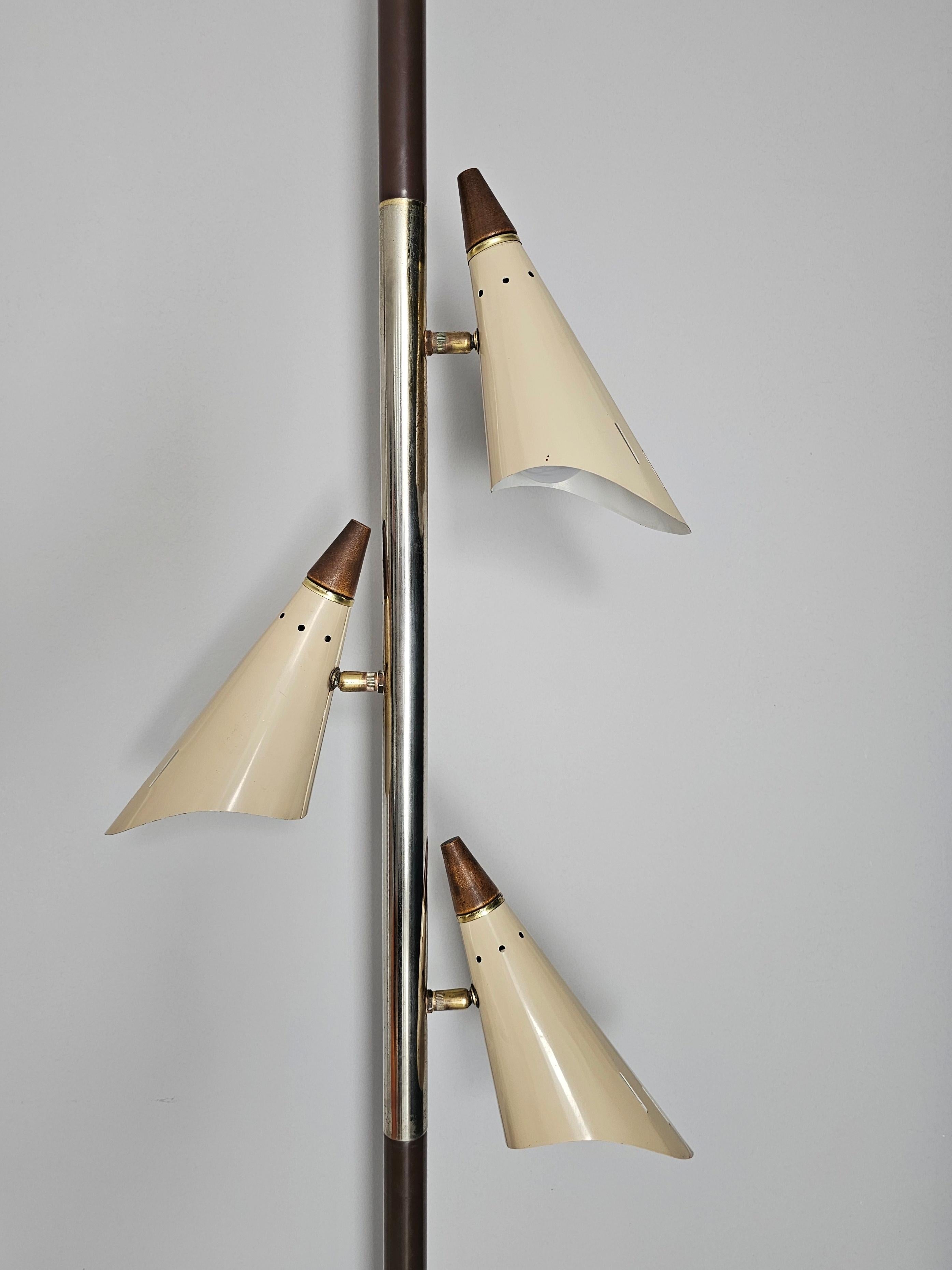 Italian Mid Century Tension Pole Lamp with three shades attr. to Stilnovo, Italy 1960s For Sale