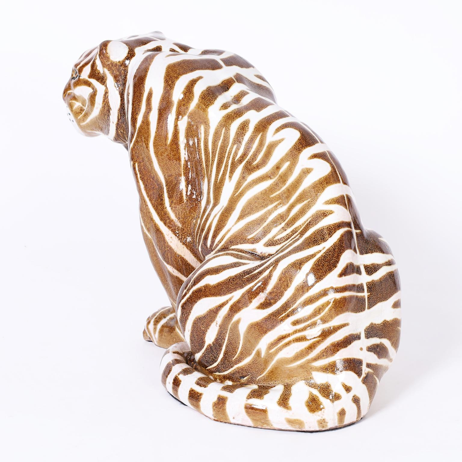 Glazed Mid Century Terra Cotta Tiger For Sale