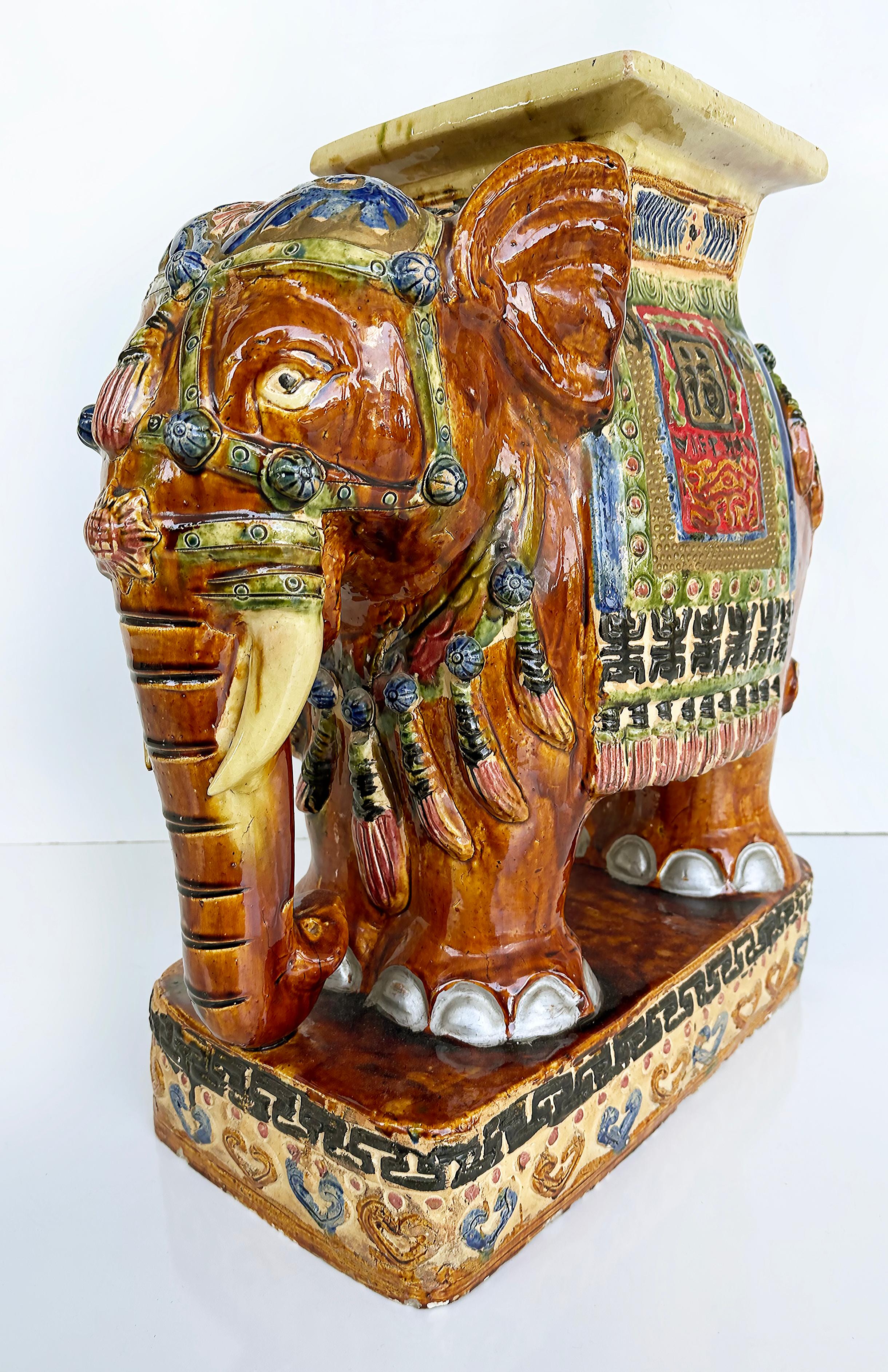 Glazed Mid-century Terracotta Elephant Garden Stool Drinks Table Plant Stand For Sale