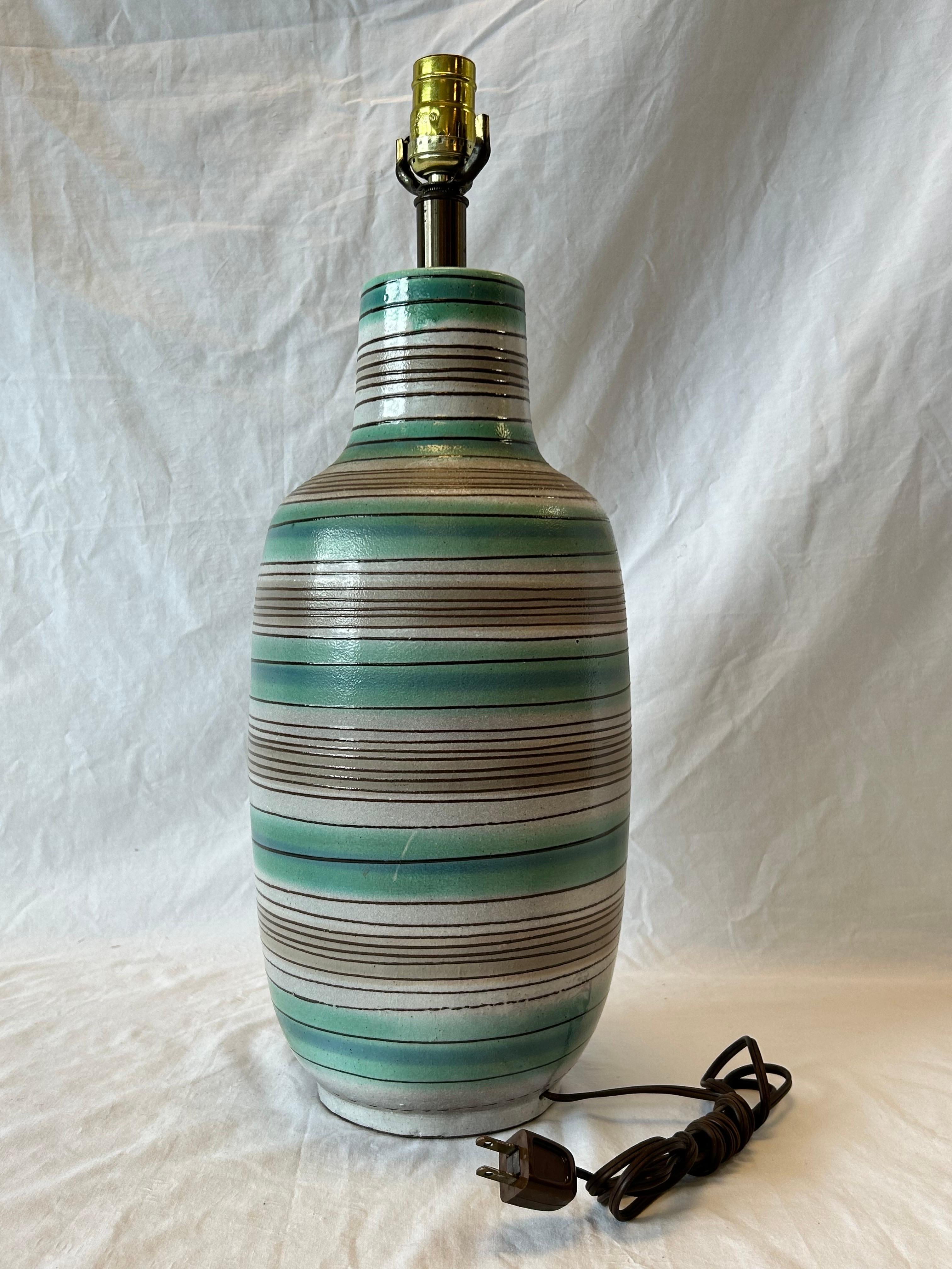 Italian Mid Century Terracotta Glazed Stripe Table Lamp Lee Rosen Design Technics Style For Sale
