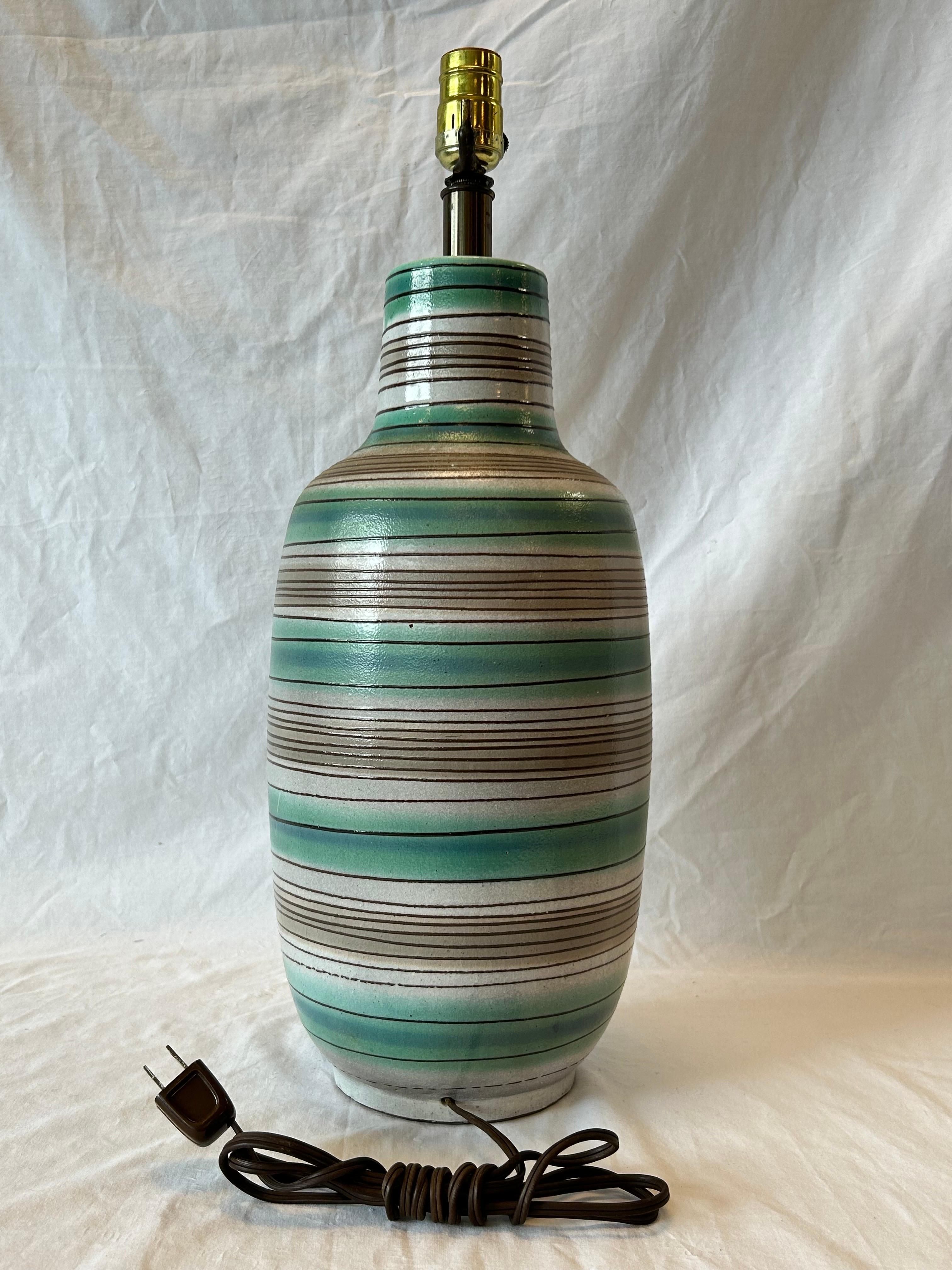 Mid Century Terracotta Glazed Stripe Table Lamp Lee Rosen Design Technics Style In Good Condition For Sale In Atlanta, GA